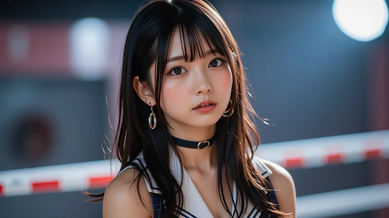 ((Completely naked))beautiful, calm and bright look、Refreshing look、完璧なbeautifulcute顔、Very bright、Long bangs between the eyes、Long black hair straight hair、とてもcute、beautifully、Young little woman、非常に完璧なbeautifulcute顔、、Real17歳女性、cute,((Small breasts：1.4))、(()) And a very slim figure,Very thin leganicules、Earrings、Pink Lip、choker、Real、Highest quality、Detailed face、Detailed Background、Depth of written boundary、alone、night,Highest quality、High resolution、超High resolution（Real：1.4）Detailed eyes、Gradation、Perfect anatomical figure、Woman with perfect body、Highly detailed skin、非常にDetailed face、細部までbeautiful目、Background blur、whole body viewing angle、
