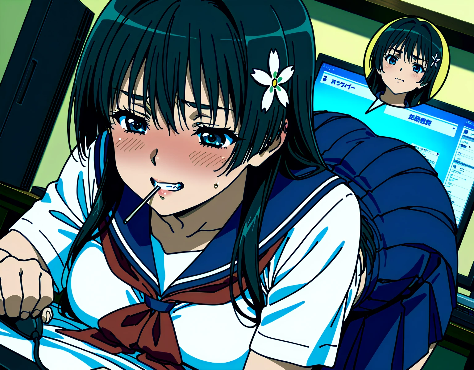 A girl named Sairenji Haruna with short blue hair and blue eyes, featuring a hairpin and visible forehead. She is wearing , yellow knit vest,white collared shirt,pleats skirt,green plaid skirt,green bowtie,sitting on the train seat,a glimpse of white panties.The art style should be in the style of Yabuki Kentaro, specifically the To Love-Ru art style. The image should be of masterpiece quality, with a highly detailed face, beautiful and detailed eyes, and a perfect body. The lighting should be professional, akin to official art or a grand prix award illustration. She appears shy and is looking away with her eyes downcast.
