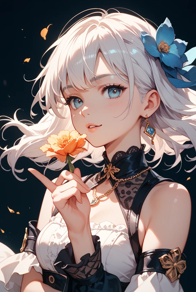 CG, unity, 8 thousand, wallpaper, (masterpiece), (best quality),(1 woman:1.3),best lighting, complex eyes, composite fiber, detailed background, park, dinner, sunny, upper body, in front, smiling, slim, soft skin, Eyes mixed with blue and purple, white blouse, denim skirt, sandal, necklace, (flower, butterfly, sunlight),silver hair,tattoo of the moon,tattoo under the eye,Tattoo,moon shape,moon shape Tattoo,Tattoo,이쁜 Tattoo,purple and blue mixed,