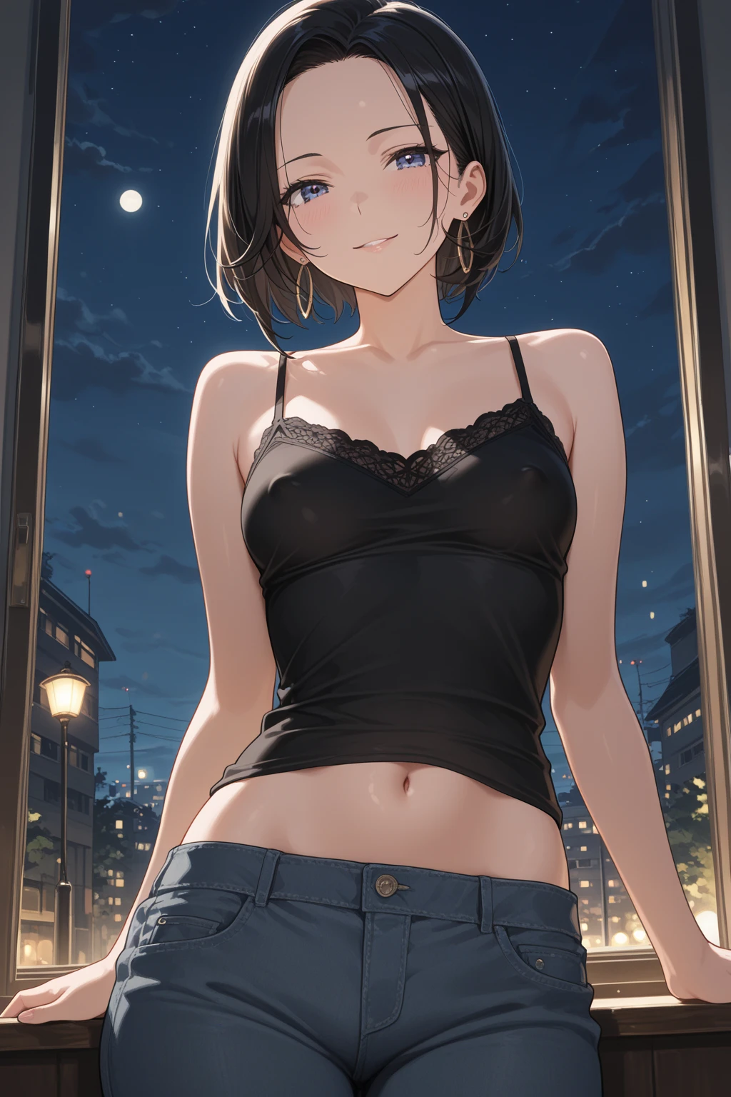 (masterpiece: 1.3、Highest quality、Ultra-high resolution、Very detailed)、(Real、Photorealistic: 1.4)、Beautiful illustrations、Perfect lighting、Natural light、Depth of the Boundary、Beautifully detailed hair、Beautifully detailed face、Beautiful details、Beautiful body、Firm chest、Beautiful thighs、Beautiful legs、Beautiful Hands、Show to the viewer、One Girl、Very cute girl、(Perfect Anatomy、Anatomically correct)、Cute and symmetrical face、Baby Face、Perfect Face、Perfect Eyes、Shiny skin、((Night cityscape、Blurred downtown area))、((7-year-old girl))、((Short black hair、Pigtails、Two Side Up、Curly Hair))、((非常にLarge Breasts))、Cleavage、(((Large Breasts)))、Real、(live-action、Exquisite details)、((Young Body)))、((Immature girl)、((Small T-shirt))、((Big black eyes))、(Cleavage)、(blush)、((Small panties))、Standing cowboy shot