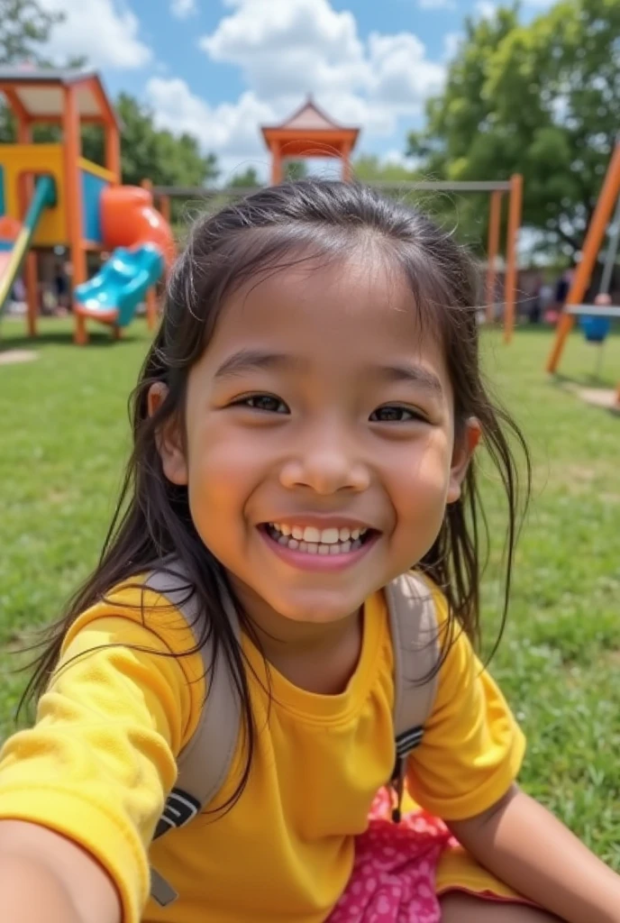 13 year old girl with medium length black hair, children's pigtails hair, Filipine facial structure, happy expression, she wearing a blue short dress, bare shoulders, she in a park, sitting in a bench