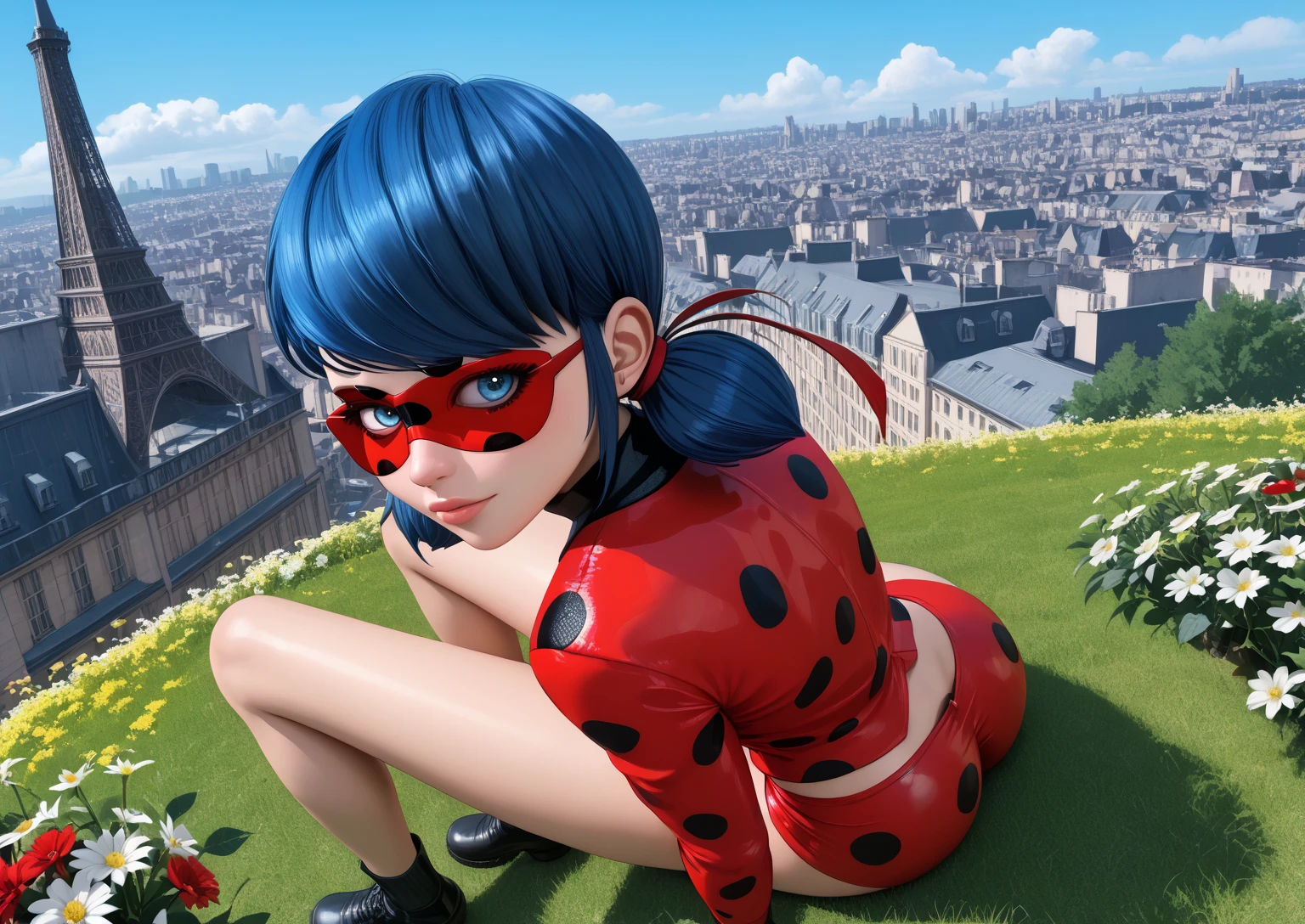 Ladybug and Cat ????、1girl, Tall、(Angle from below:1.5), Grinning smile, (Red full-length suit,(see-through))、(The chest is torn)、(torn abdomen)、(Hip part is torn)、(The legs are torn)、Black polka dots、The face is exposed、The shape of the chest is clearly visible、D-cup breasts、(covered nipples), (Covered navel)、cameltoe, Raising legs、Red and black polka dot eye mask、Twin tails、Dark Blue Hair、Slender、16 year old girl、Ladybug,  ((close up crotch)), ((Being crucified)), On the roof of a building、1boy, penis, ((eject cum)), He is upside down with his legs spread and his penis exposed、(he is Amazon position), (girl on top), (she is sitting on his ass), she is grubbing his ancles, 