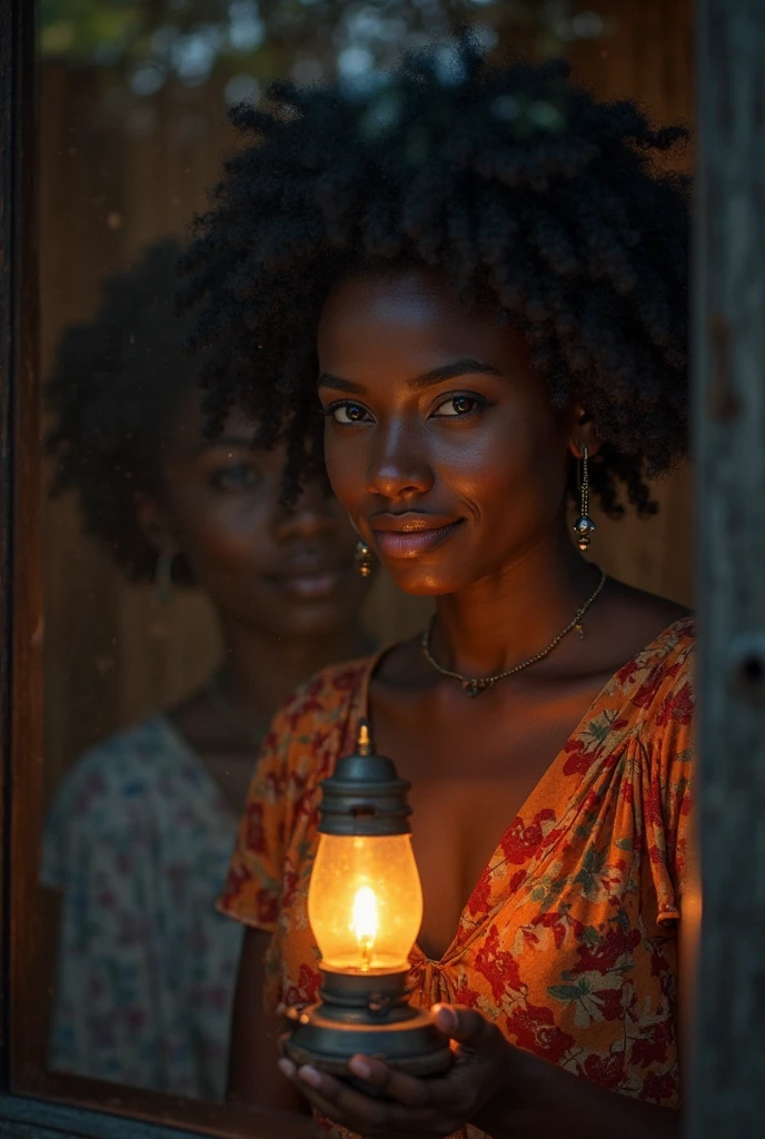 photograph of a woman, (troubled facial expression), textulight chocolate skin, goosebumps, blonde afro hair, plaid flannel shirt with distressed bikini indian sare, milky shot, with African black man kissing , perfect eyes, (candlelight,chiaroscuro), Porta 160 color, shot on ARRI ALEXA 65, bokeh, sharp focus on subject, shot by Don McCullin