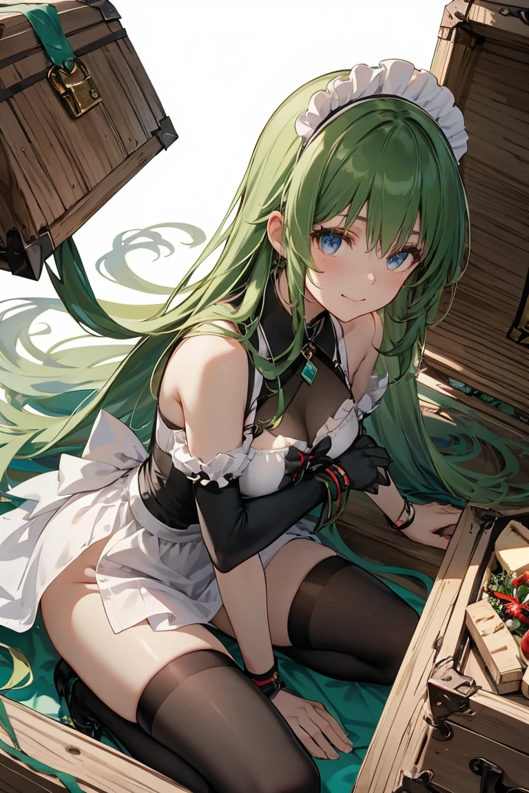 (masterpiece, best quality), best resolution, (2heads:1.5), 1girl, blue eyes, green hair, green dress, smug, deep eyes, (holding a hammer weapon) (war hammer)
