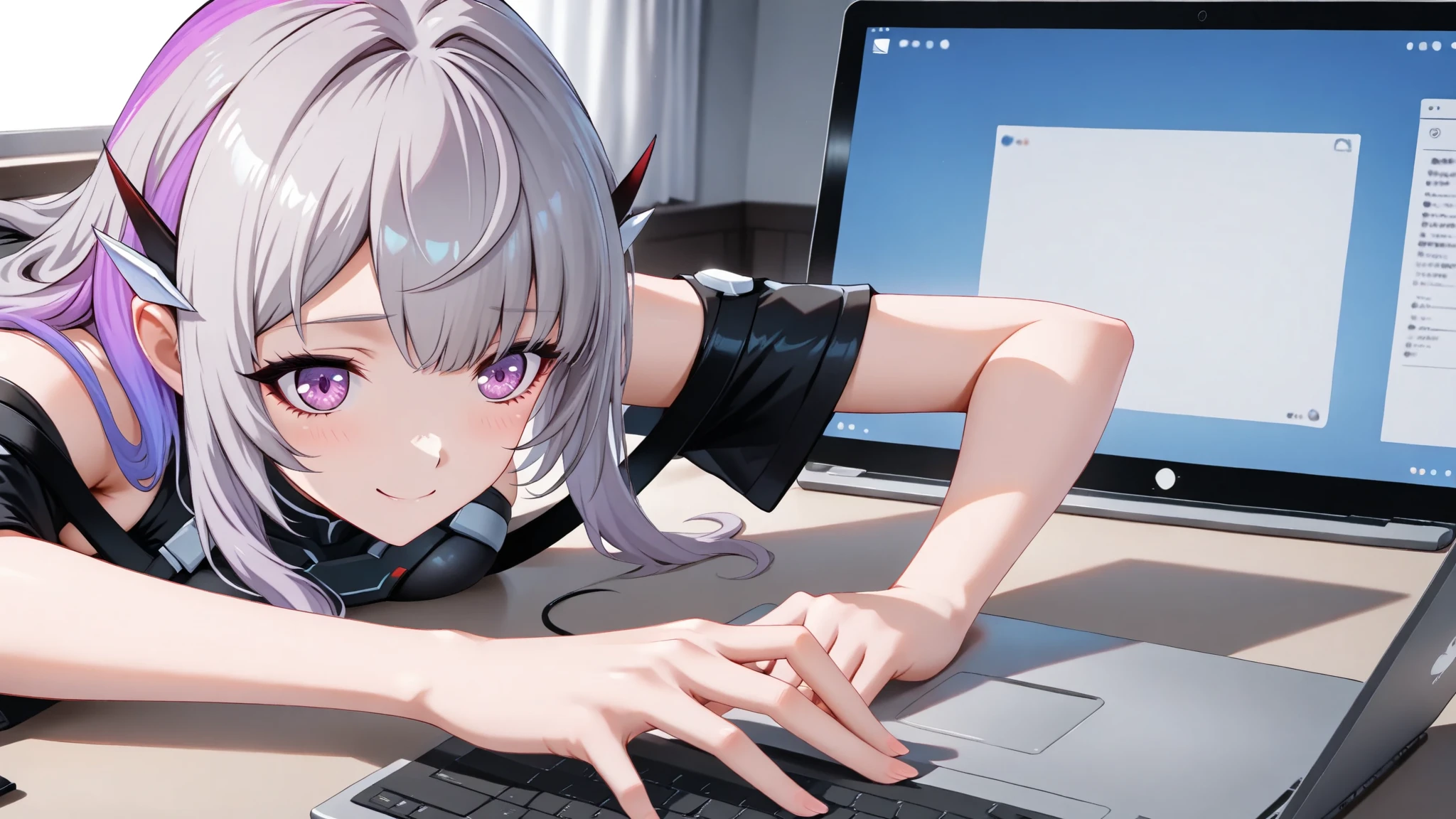 kimono、red black kimono、black thigh high socks、girl, beautiful girl,、smile、clear、、short hair、(masterpiece), (highest quality), Super detailed, perfect face, perfect body, night、night景、Computer Room、super computer