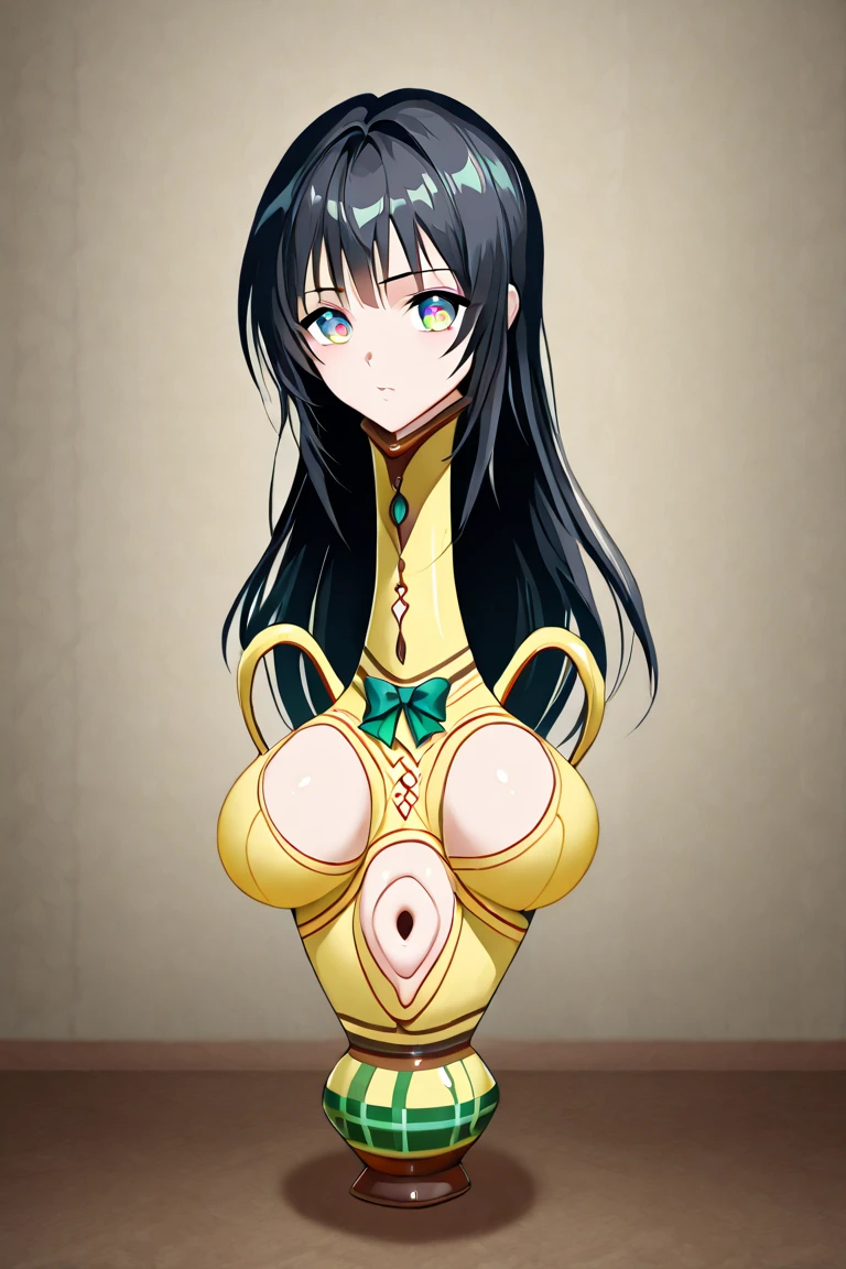 1girl, aayui, long hair, black hair, gradient eyes, breasts, green bowtie, sweater vest, yellow sweater, short sleeves, plaid skirt, green skirt, ((((human-vase)))), long neck, handless, huge breast, breast apart, shining skin,  look at viewer, from side