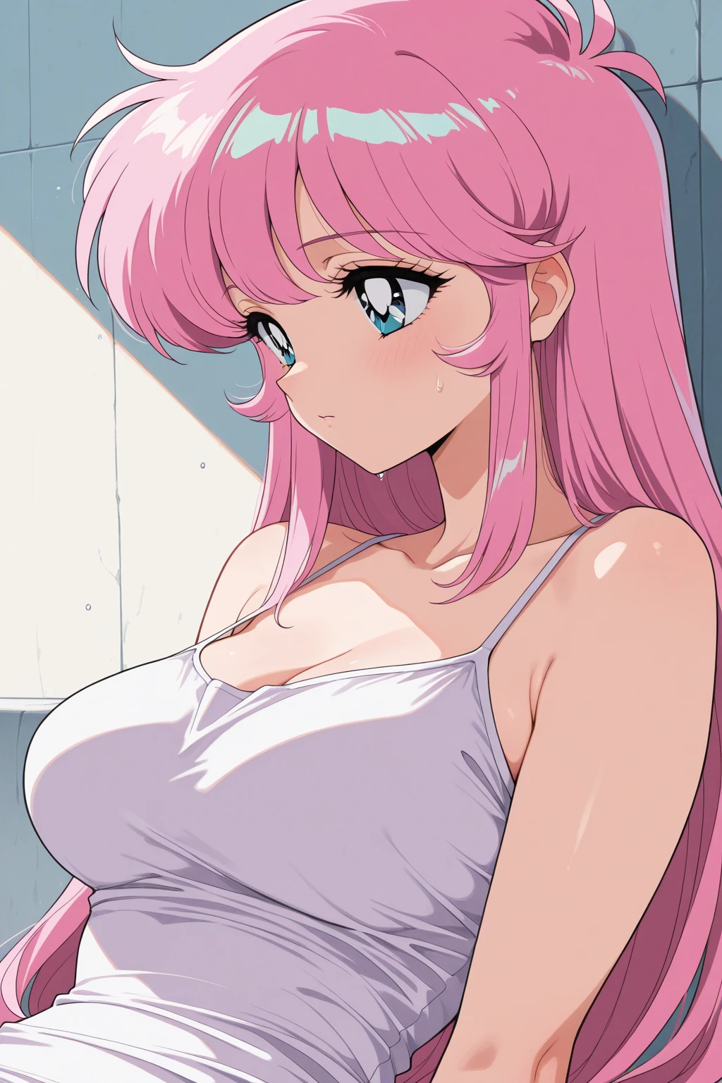 ((masterpiece)),(Detailed and beautiful depiction),Official Art,Beautiful adult woman,Megurine Luka,Pink long hair,blue eyes,Big Breasts,(Sex in a school swimsuit),Erotic Seduction:2.0,(Embarrassing gesture),bedroom