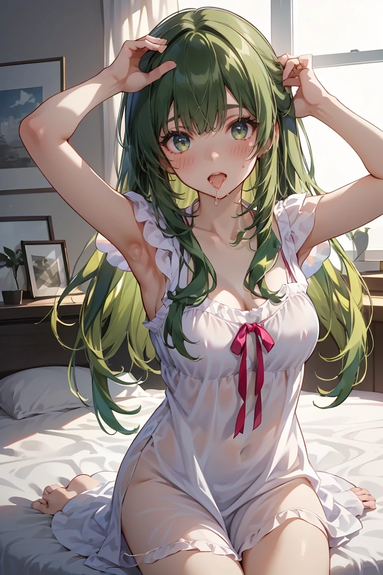 beautiful anime girl on bed, 1 girl,Best quality, tmasterpiece, Long green hair, beautiful,detailed eyes, HD, super cute girl, super cute hairstyle, extremely detailed, Visually inspect the audience, The face is slightly red,is shy,full bodyesbian,adolable,Lori small breasts cleavage,white dresses, skirt, pleated skirt, frills, frilled bra, (sitting on his knees on the bed:1.4), (solo:1.6), seductive smile, (green eyes with beautiful pupils:1.7),