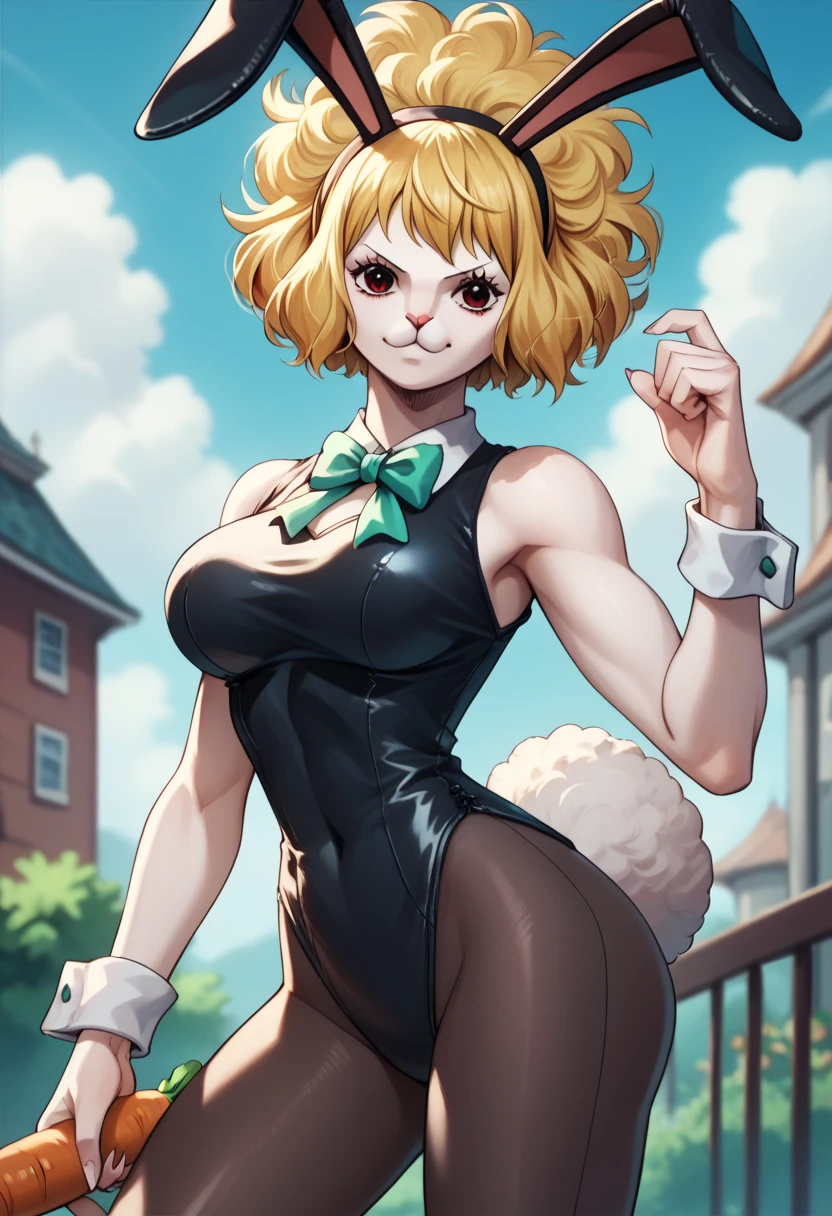 (Himiko toga),(boku no hero academia),(short blonde hair with two messy pulps in the hair),(yellow eyes with cat pupils),(wearing),+,(a sexy bunny outfit that consisted of a larger black strapless one heart decots and showing feathers and super sexy and tight arms) 