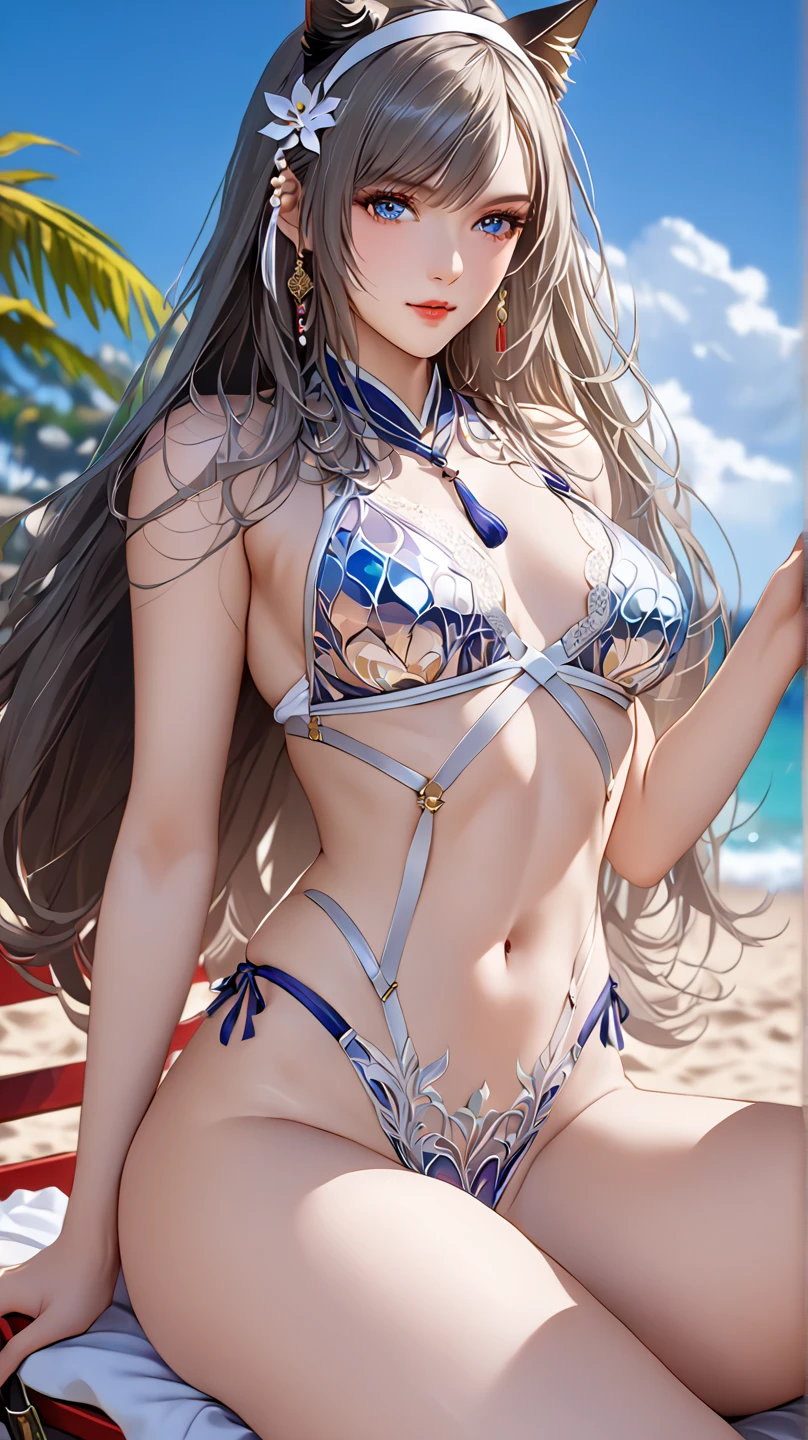 NSFW、(masterpiece, Highest quality, Super detailed:1.3), Perfect composition, 4K, (Very detailed, Super detailed), Blue and white horizontal stripe bikini, High resolution, 8k Texture, Attention to detail, Very detailed肌の質感, Magnificent details, High Sharpness, One girl, (Fine grain:1.3), (25-year-old woman:1.3), (skinny), (Big Breasts), Bright beach,、smile、Sticking out tongue、Butt sticking out pose