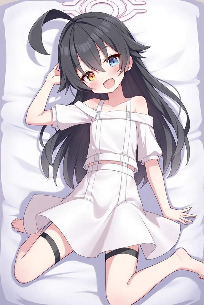 highest quality masterpiece black hair red eyes slightly bigger breasts Maid clothes sleeping on one's back one high school girl embarrassed face white bed pink sheets
