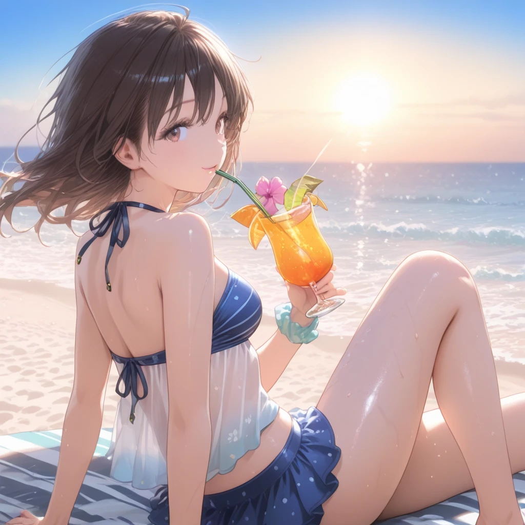 Highest quality、High resolution、Detailed Background、(Beautiful face in every detail:1.4)、Anatomically correct、(Normal number of fingers:1.2)、Highly detailed face、Detailed eyes、Teenage beauty、(Huge breasts:1.2)、Perfect body line、Light color hair、Bobcut、ponytail、Twin tails、Wavy Hairstyle、crystal clear blue sea stretching out on the white sand beach、swaying gracefully under palm trees、relaxing resort space、
(take a non-alcoholic cocktail in hand while being blown by the sea breeze、women relaxing leisurely:1.5)、
Friends in swimsuits、they jump into the sea with joy、a sense of liberation from stress、enveloped in the pleasant sea breeze and sunshine、enjoying blissful moments、
Off-the-shoulder one-piece swimsuit、The open shoulder design is cute and mature、The flared skirt creates a feminine silhouette、Plain and striped patterns are simple and easy to coordinate、very beautiful