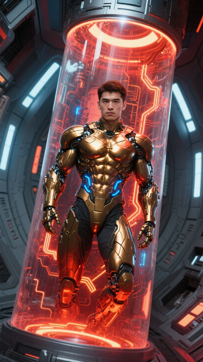 original photo, (full-body shot), ((cybernetic)) Artificial organism resembling a young person ((18 year old man)), kneeling, bald, muscular, thin and long, sculpted figures, Prominent six pack abs, Beautiful young face, plump lips, fully grown，Standing on a spaceship, ((masterpiece)), ((best quality)), 8K,high detail, super detailed, neutral expressions, fashion pose, Realistic skin texture, movie lighting, (full-body shot) , (natural posture:1.2) , (Delicate and beautiful skin:1.2) , (Beautiful and delicate face:1.2) , textured skin, (Detailed face and eyes:1.3)