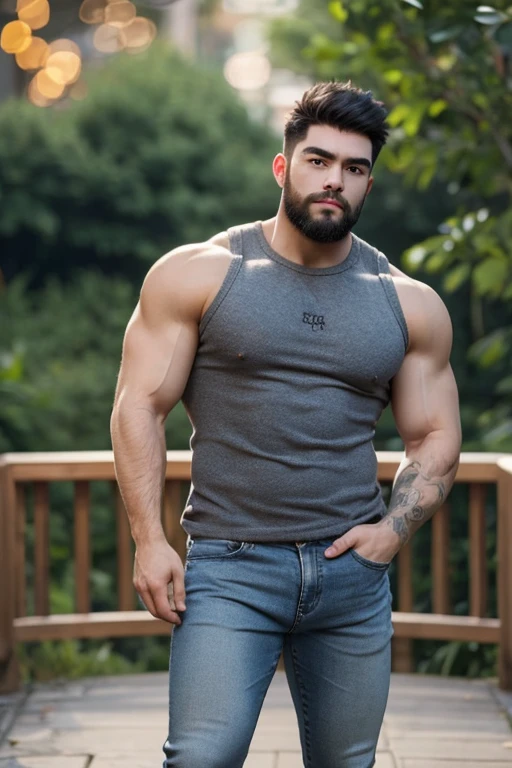 Full shot, full body portrait, Gorgeous American Man, Aged25, hairy body, Sexy alpha male, Large biceps, ripped abs, blue jeans, white tee shirt, sneakers, handsome, 4k, high detailed, beautiful, 8 k lighting, night sky, red sunset 4k extremely photorealistic, uhd 4k highly detailed, ((realistthereal lighting, ultra-high res.photorealistic:.1.4, (high detailed skin:1.2), 8k uhd, dslr, high quality, film grain, Fujifilm XT3,(masterpiece) (best quality) (detailed) (cinematic lighting) (sharp focus) (intricate) 