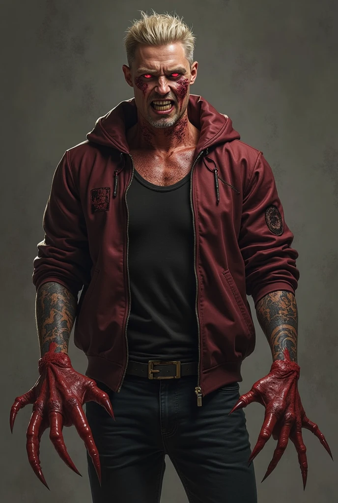 um homem vampiro careca, pouco cabelo , pele cinza com orelhas longas e pontudas , nariz pequeno e deformado, olheiras profundas. usando roupas casuais, sapatos, blouse and jeans. similar ao Nosferatu. andando em um beco escuro durante uma noite sombria e com enorme lua , Blood smeared on the floor.