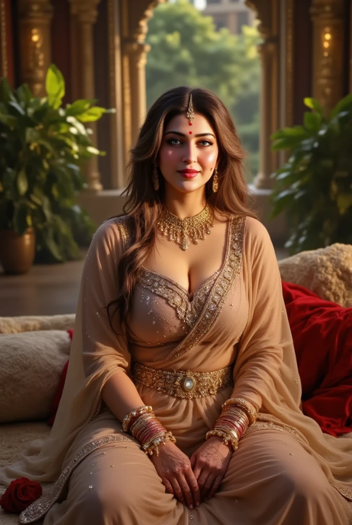 (((((((A)))))))half body of confident-looking Bangladesh woman with long and thick hair, (masterpiece, best quality:1.2), ((((((solo)))))), ((((((1girl)))))), ((looking at camera)), hazel eyes, a smile on the face, royal and lusty look, standing posing like a professional model for a photoshoot, (((Huge Boobs))), perfect composition and light, hyper realistic skin texture, super background decorations detailed, 8k, high quality, trending art, trending on art station, photo, intricate details, highly detailed, ((((Cropped Breast Wear)))), (((Arabian Architecture background)))), (((wearing a bright colour Saree with designs and patterns with sleeves))), (((((big sexy body shape))))), (((Arabian Architecture background behind her))), (((Portrait Fashion Photo))), hair bobbles, wince, solid circle eyes, light smile, ear blush, fang, ccurate, makeup, hairband, double bun, Surrealism, drop shadow, anaglyph, stereogram, tachi-e, pov, atmospheric perspective, glowing light, backlighting, ray tracing, image fill, anaglyph, stereogram, scanlines, speed lines, silhouette, vignetting, 8k, super detail, best quality