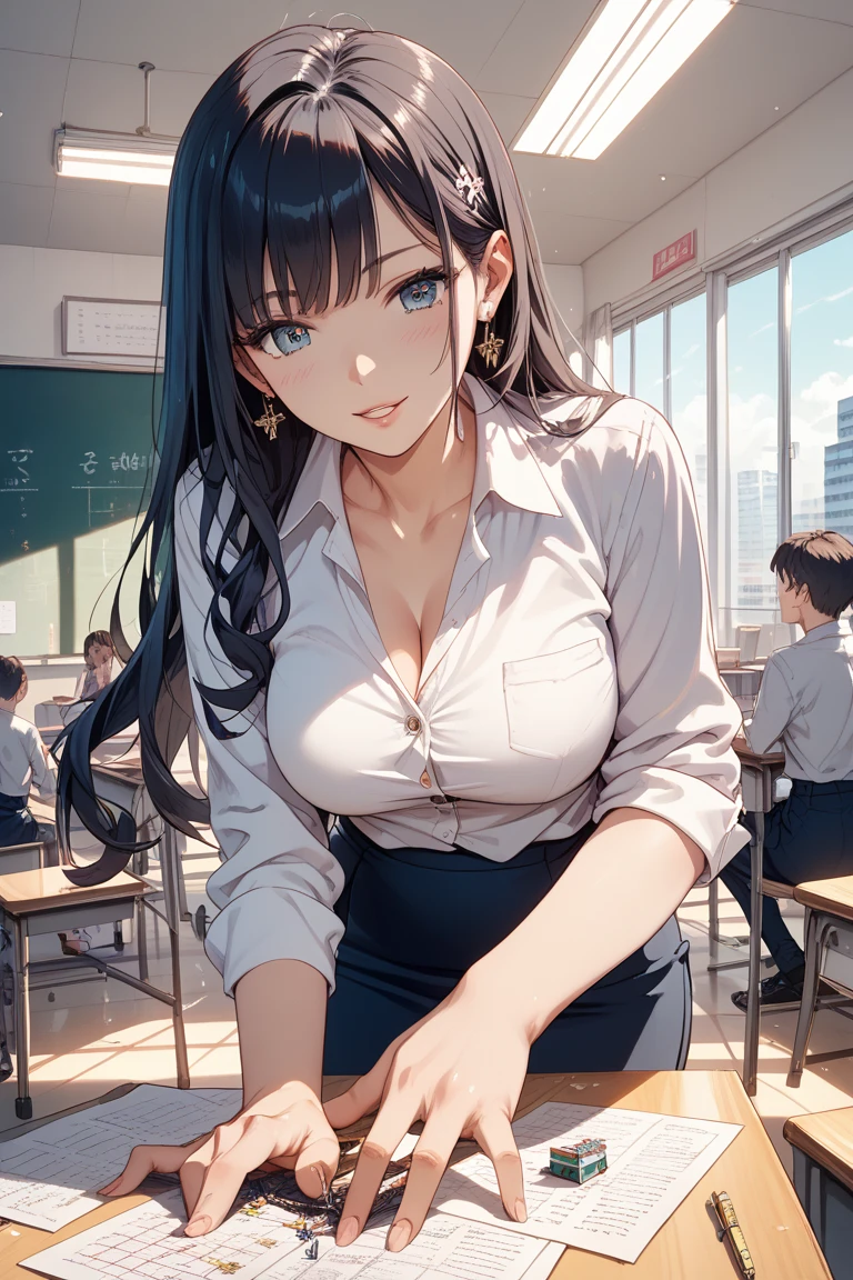 female teacher、classroom、30 years old、During class、suit figure、Blackboard background、賑やかなclassroom、underwear is visible、big chest