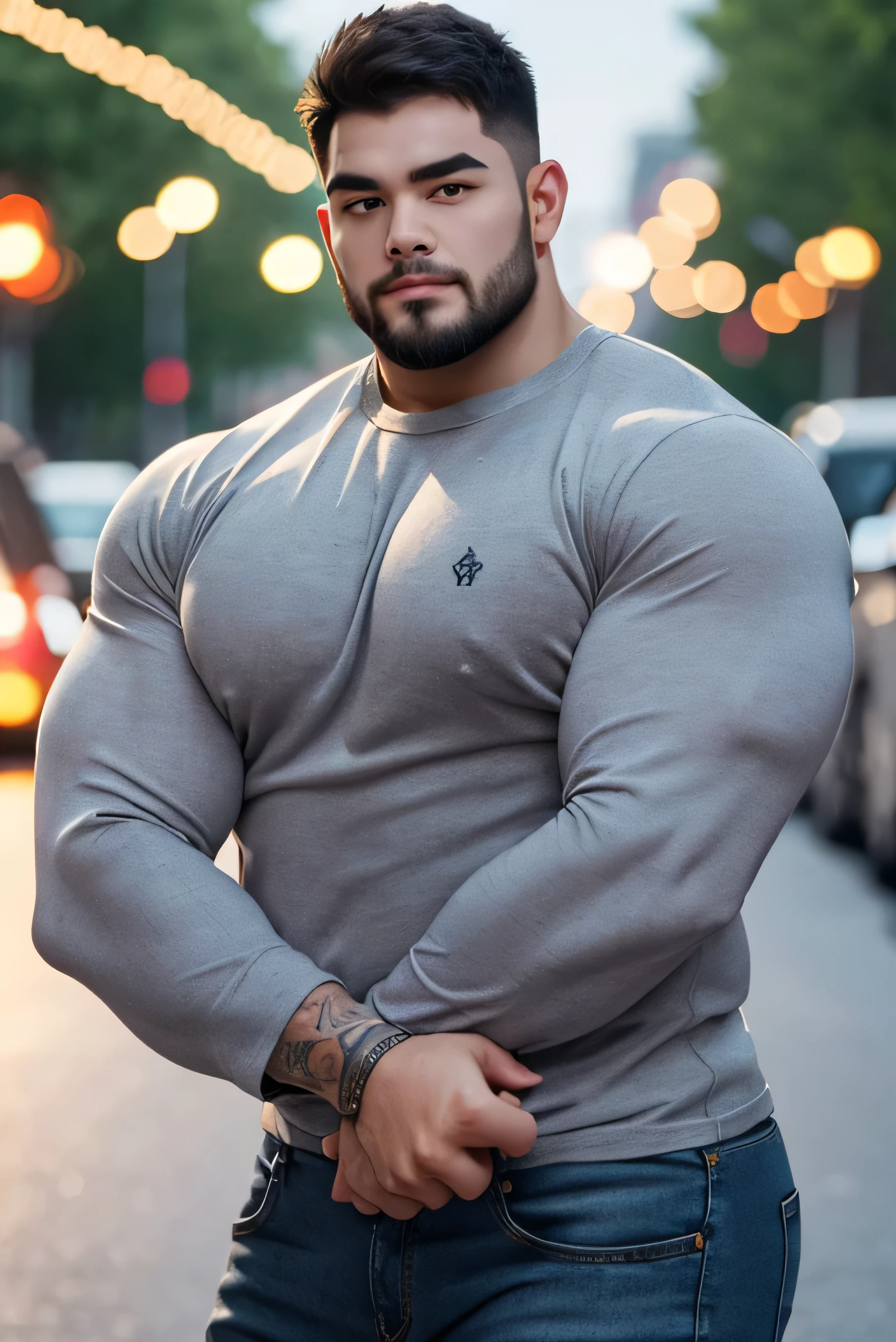 a very handsome man, with a haircut, massively muscular, with massively large muscles, blue shirt, seen very close up