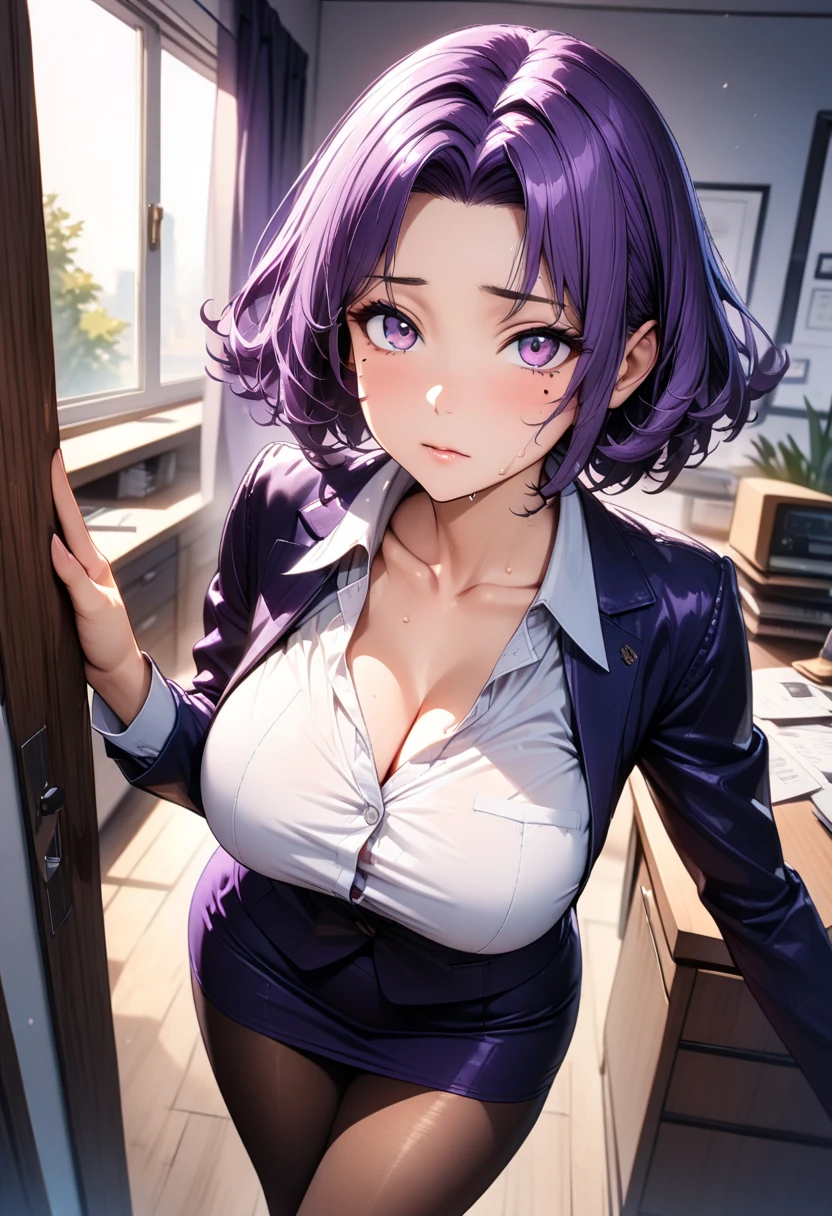 purple eyes, (best quality, masterpiece painting:1.3), Oboro, mature female, 26yo, (half body shot:1.3), schoolgirl, school uniform, (seductive look:1.5), purple hair, short hair, stacked bob hair, (large breasts:1.2), (narrow waist:1.1), cleavage, perfect body, (athletic body:1.1), soft skin, anime face, perfect face, (perfect eyes:1.3), glowing eyes, purple irises, anime eyes, smoky eyeliner, eyeshadow, asian, looking at viewer, smart, whiteboard background, classroom, sharp focus, intricate details, professional artwork, (vibrant colors:1.1), vivid colors, Diffused lighting, digital blending, ultra detailed body, ultra detail hair, ultra detail face, trending on pixiv, top button opened, shy girl, cute glance, makeup, purple lipstick, perfect lips, perfect makeup, ultra detailed painting, (landscape shot:1.4)