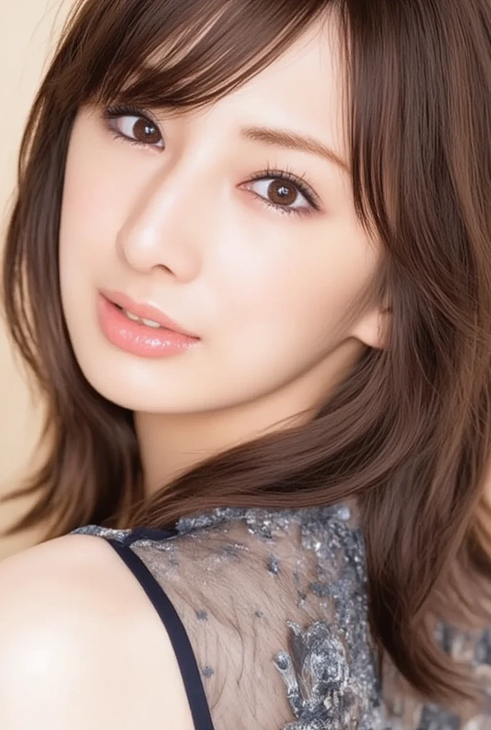 (RAW Photos, highest quality), (Realistic, Photorealistic:1.3), masterpiece, Very delicate and beautiful, Soft Light, (Brown Hair, Long hair swaying in the wind, bangs), Beautiful detailed girl, (Detailed fingers), Highly detailed eyes and face, Beautifully detailed nose, Beautiful fine details, 1 girl, Japanese, Pure beauty, cute, young, smile, No clothes, (Half Body:1.3), (Large Breasts), Realistic face, Realistic body, whole body