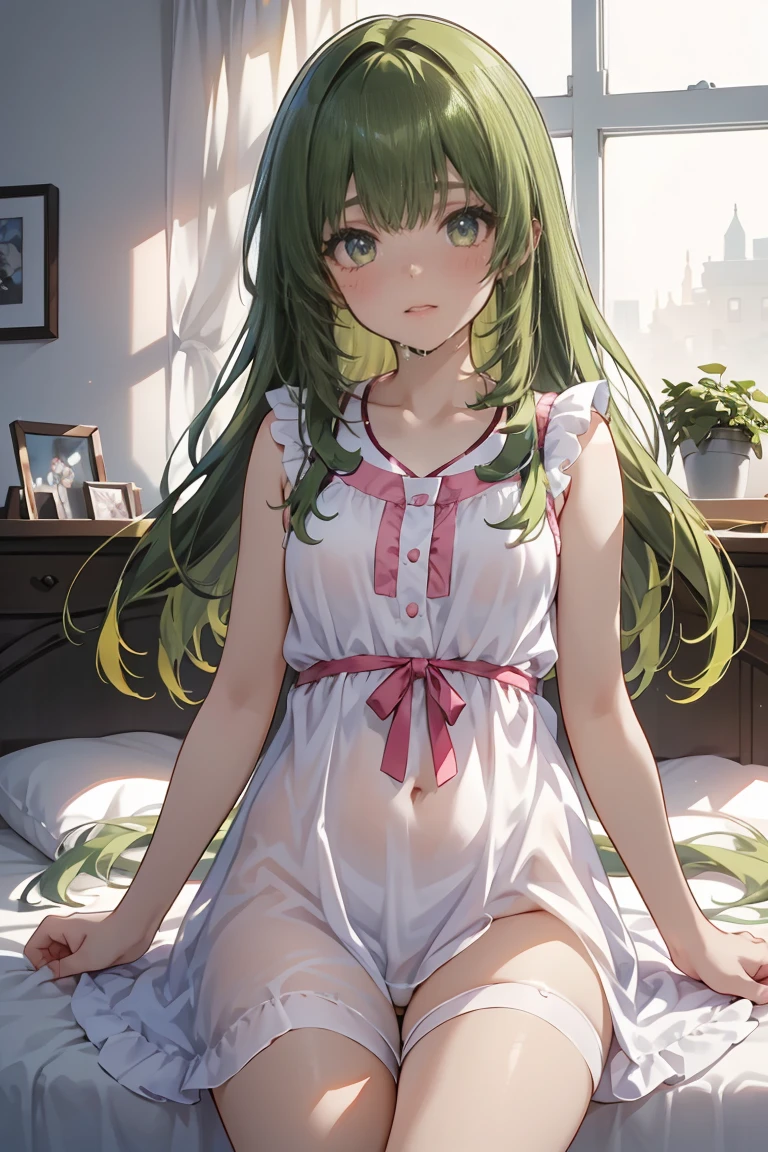 score_9, score_8_up, 1girl, solo, green eyes, long hair, green hair, looking at viewer, dress, white dress, parted lips, blush, small breasts, collarbone, standing, princess