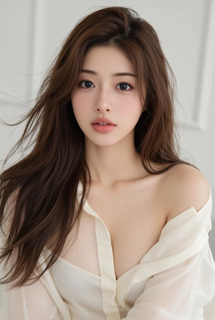 ((Top Quality, 8k, Masterpiece: 1.3)), Beauty, (Big Breasts: 1.9), Hidden Face, 1 Girl, Beauty: 1.3, Slender Abs: 1.1, Camisolet, Long Brunette Hair, (Sitting on the Bed), Ultra-detailed Face, Highly Detailed Lips, Detailed Eyes, Double Eyelids