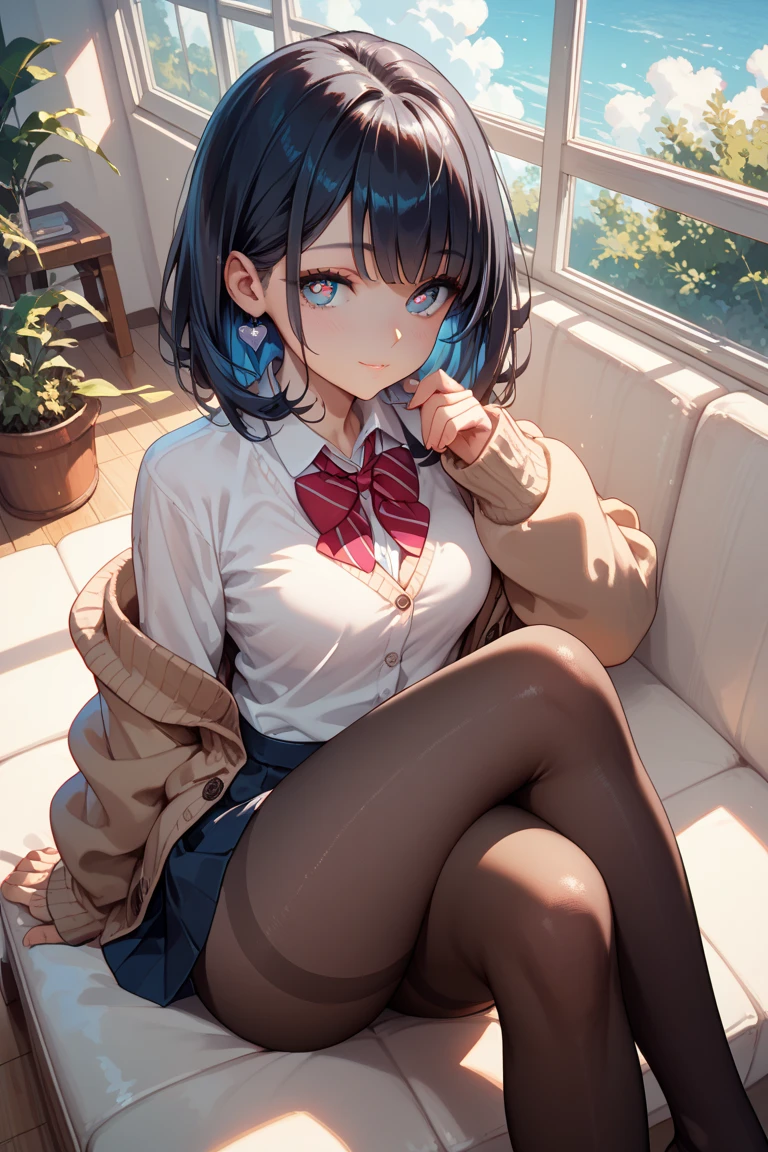 (masterpiece), (top-quality), (hight resolution), (perfect anatomia), Beautiful lighting,(2 pretty girls), (sit on the sofa in the lobby), teats, The areol, (Knitted cardigans), (Lace panties), beautidful eyes, High-definition beauty face, Bewitching look, (Detail large:1.3), NSFW, Soft skin, Photorealsitic, shinny skin, multicolored hair, Spread your arms