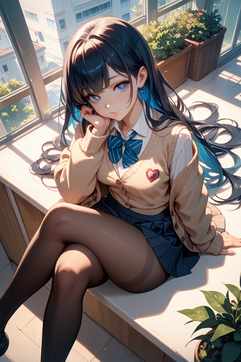 1 girl, green long hair, sailor school uniform, black shirt, 방과후 젖은 제복