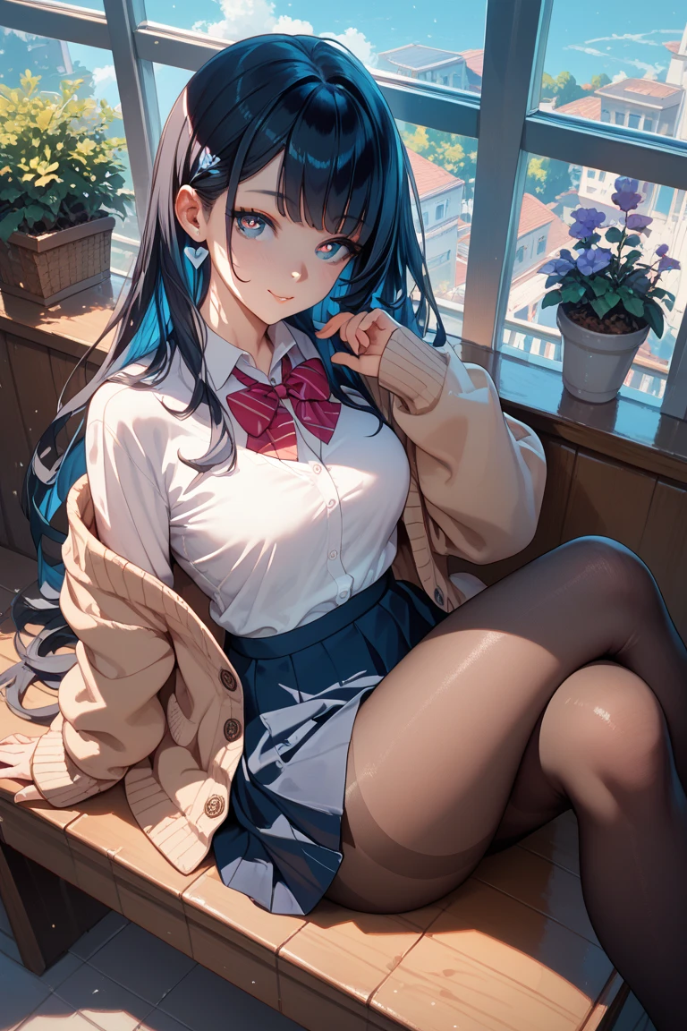 masterpiece, best quality, wallpaper, 1girl, long hair, black hair, sky blue eyes, hair accessories, cute, innocent, blouse, no pants, pantyhose, stockings, 35 years old female, innocent, safe for work, wholesome, city streets, night, no undergarment visible, no panty, only wearing pantyhose, mature face, mature body, medium breast, sitting pose with 2 feet standing and legs bent, L sitting, sitting on floor, front view, embarrassed face, Indian sitting style,