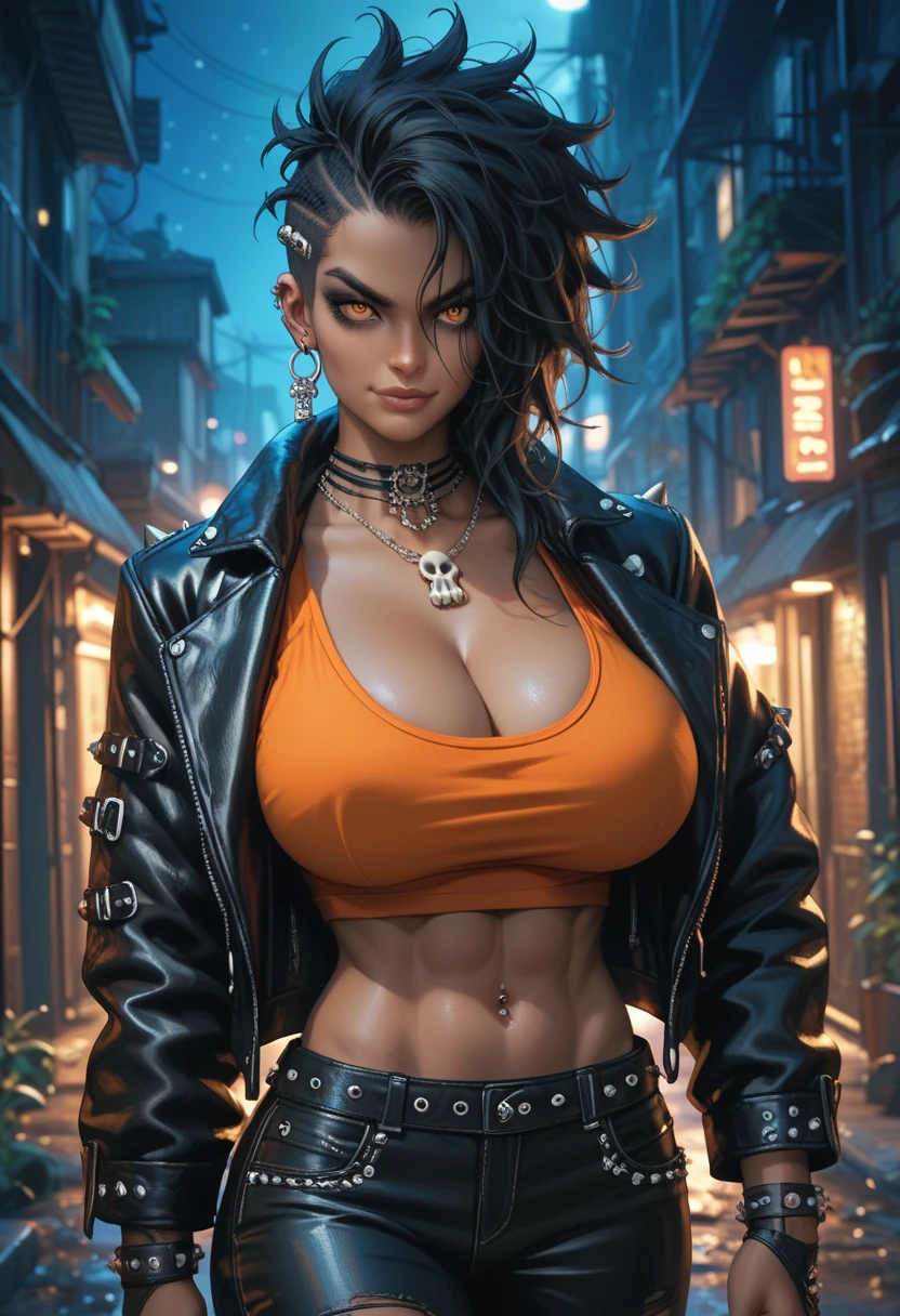 revy, yoruichi, dark skin, arm tattoo, masterpiece, best quality, absurdres, 1girl, big breast, big chested, looking at viewer, standing, outdoors, street, cowboy shot, fingerless gloves, belt, cigarette, (smoking:1.5)