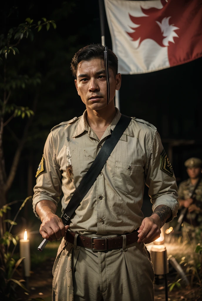 Male 45 years old, Asian, clean-shaven,  black military uniform , in front of the forest, special forces, 