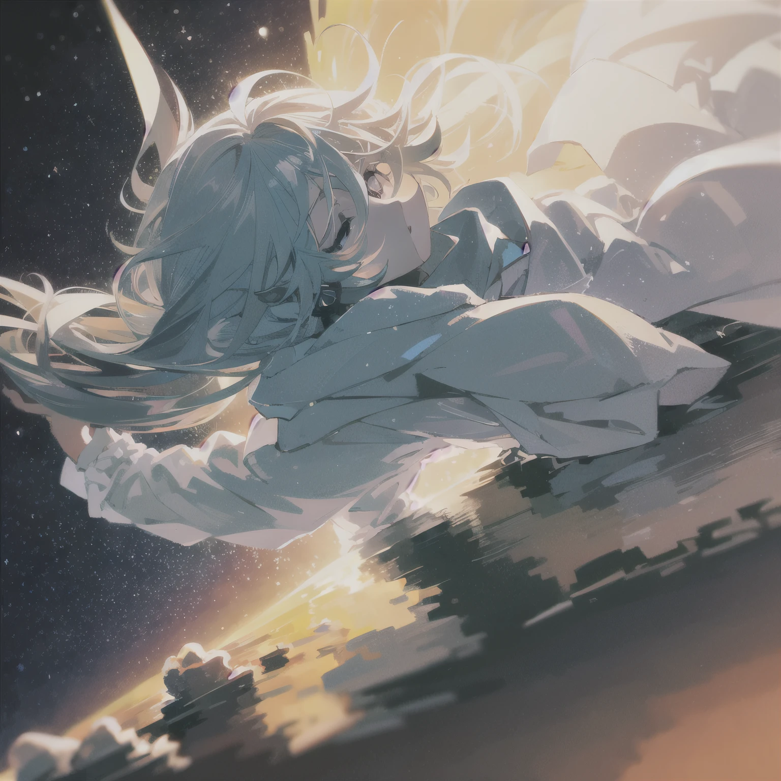 1girl, masterpiece, best quality, extremly detailed, Cinematic lighting, highres, official art, finely detailed beautiful face, high resolution illustration, 8k, dark intense shadows, overexposure, multicolored hair, gradient hair, white hair, medium hair, floating hair, upper body, ((dutch angle)), universe, space, sunshine, lens flare, galaxy, nebula, closed eyes, black top, white frill, colorful background, medium breasts,旋律,音符