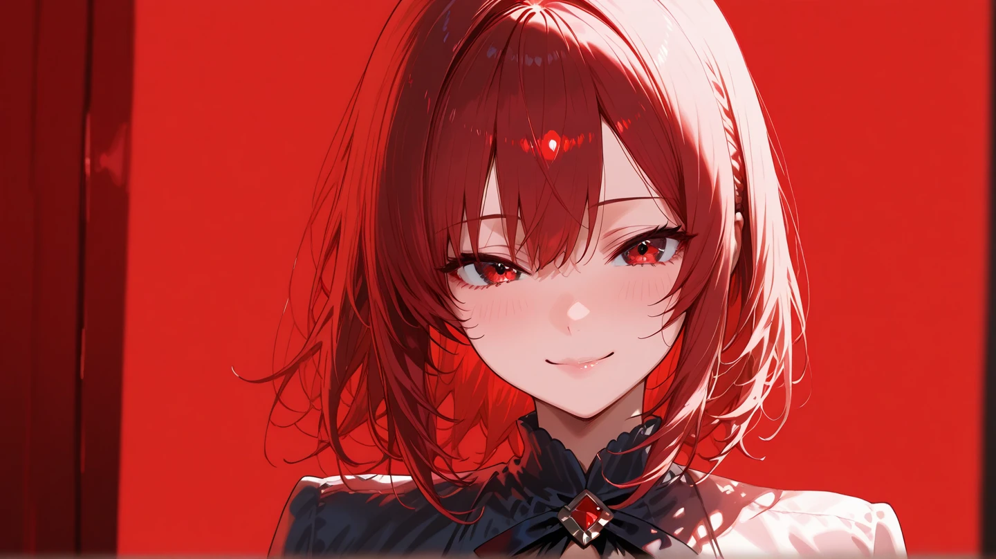 demonic girl face redhead short hair with dark sky