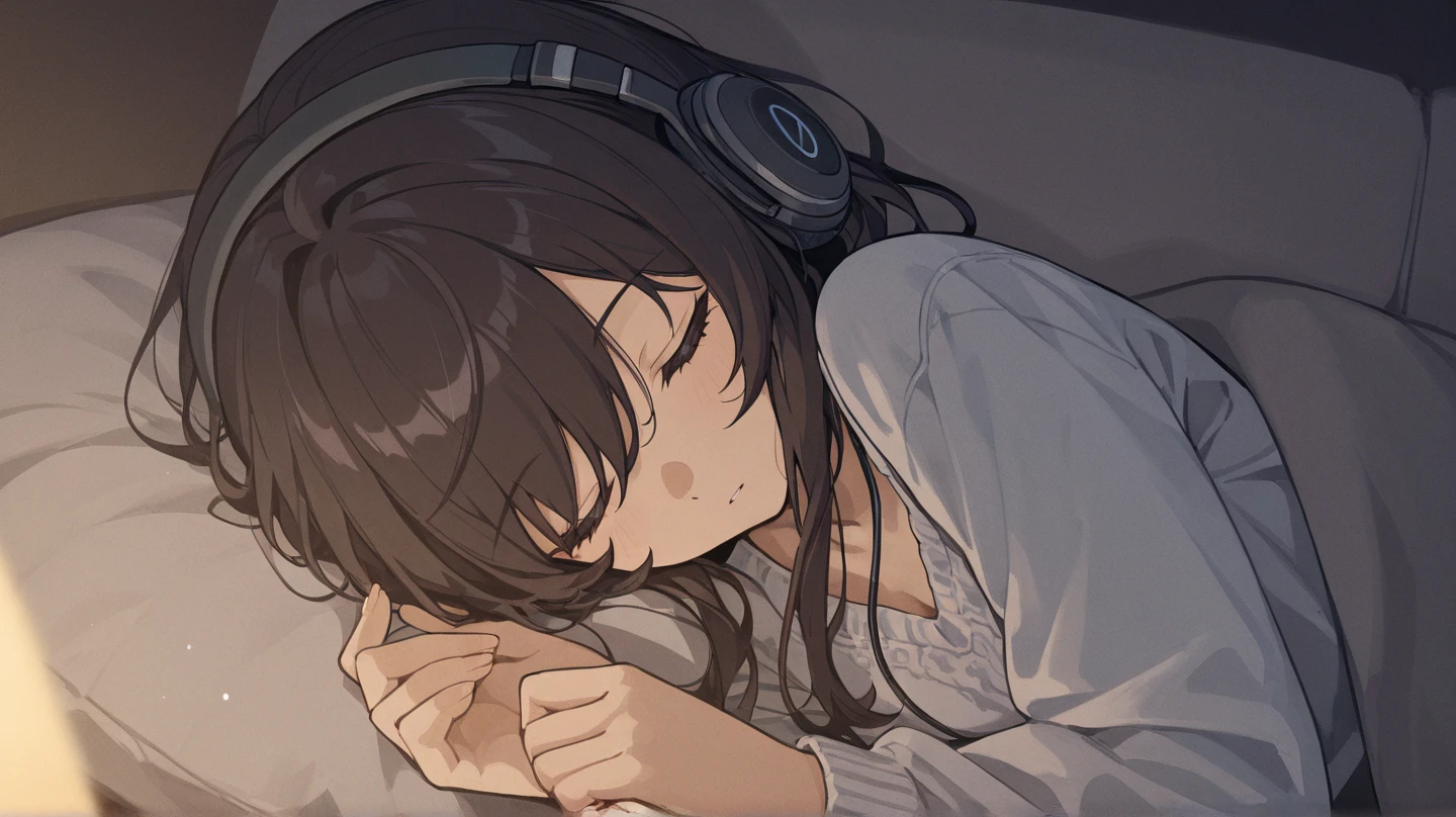 1girl, solo, flat chest, short hair, black hair, , black socks, upper body, pink shirt((masterpiece, illustration, best quality)) listening to music, close your eyes, indoors, sofa, headphones、laying on the sopha with laying her head on pillows, blue sopha, detailed description