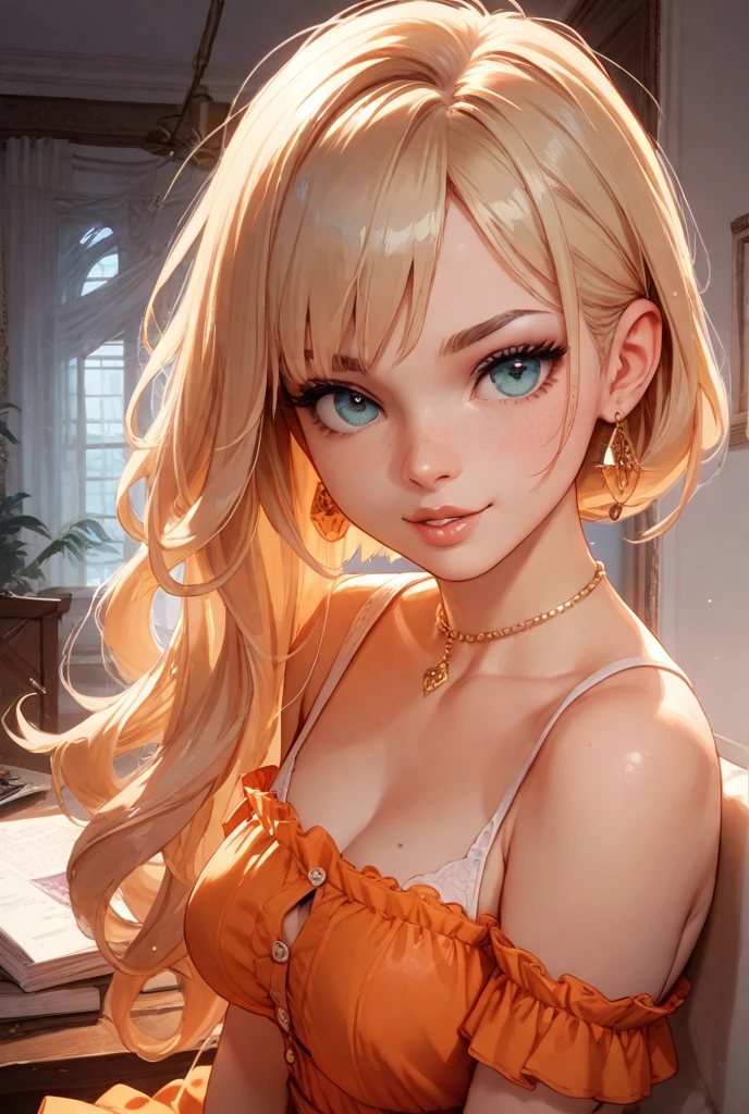 Anime girl with long blonde hair sitting at a table with a glass of wine, Look at the camera，seductive anime girls, Blonde anime girl with long hair, Beautiful anime woman, beautiful and seductive anime woman, Beautiful anime girl, attractive anime girls, a beautiful anime portrait, sultry smirk, Anime girl with long hair, pretty anime girl, portrait anime girl, anime visual of a cute girl