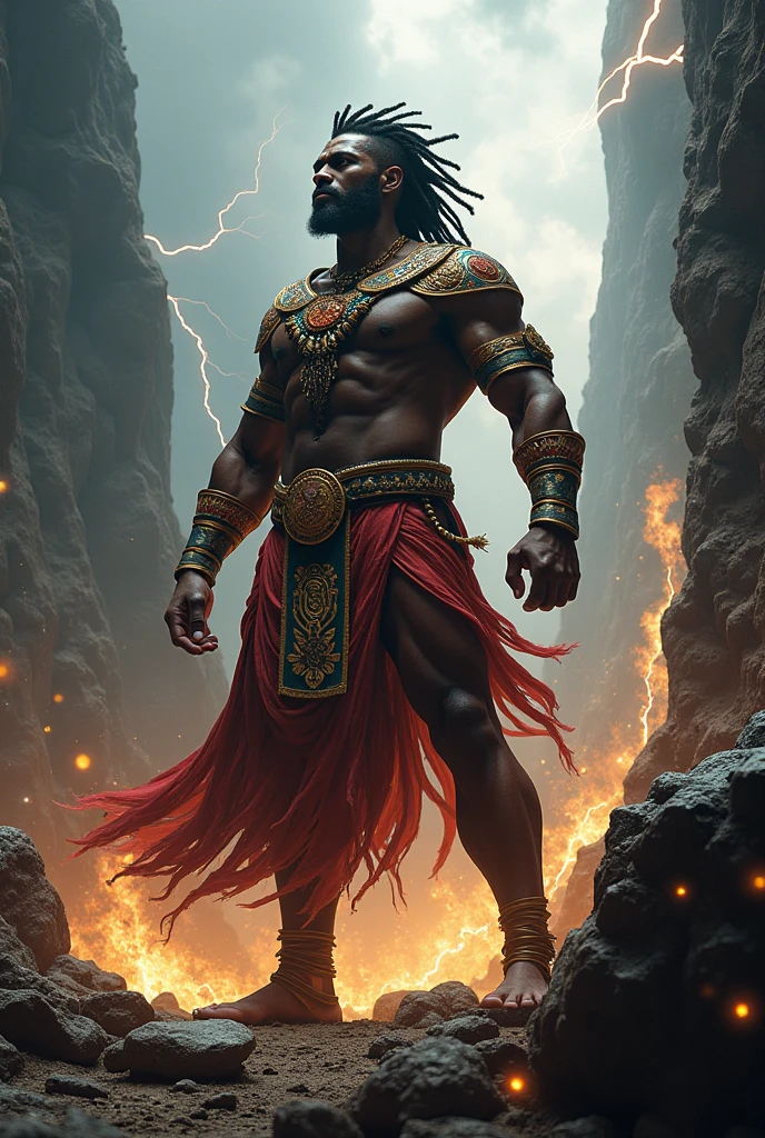 Orisha Black Man, rey, guerreyro, red or brown clothes, on a mountain, lifting a double-sided axe in his hand