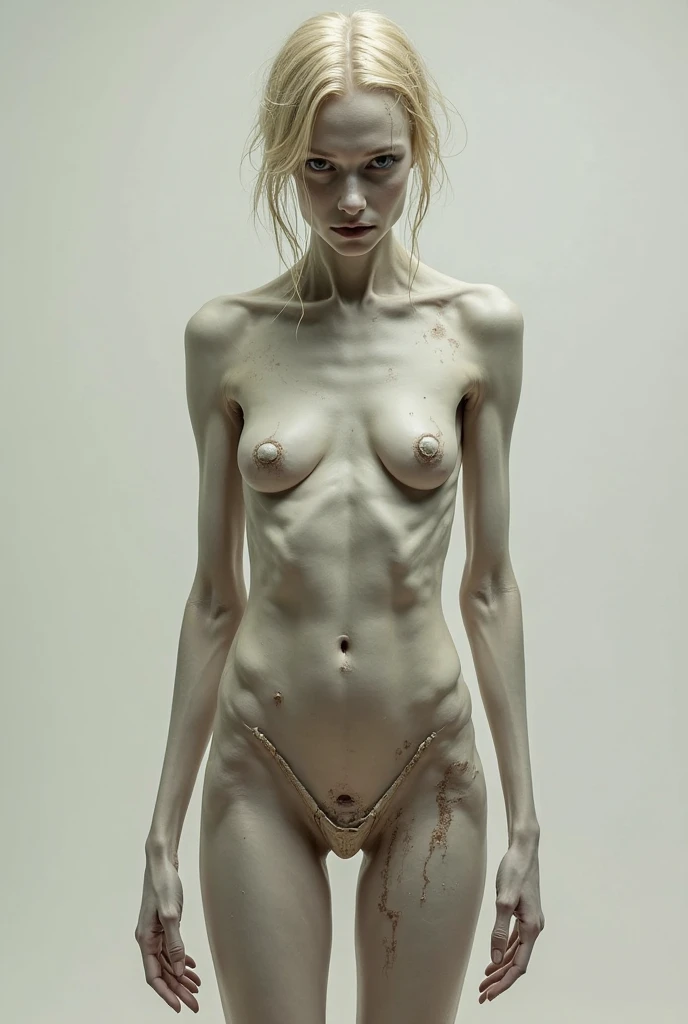Photograph of an anorexic emaciated extremely skinny female model, rusisian girl, 15 year old, full body nudist, blonde hair, full body photograph, incredibly skinny body, extremely skinny body, emaciated body, tiniest waiste ever, well-defined collar bones, well-defined hip bones, well-defined ribcage, extremely skinny arms and legs, weak and fragile body, masterpiece, anatomically correct, textured skin, super detail, high details, high quality, best quality, cowboy shot.