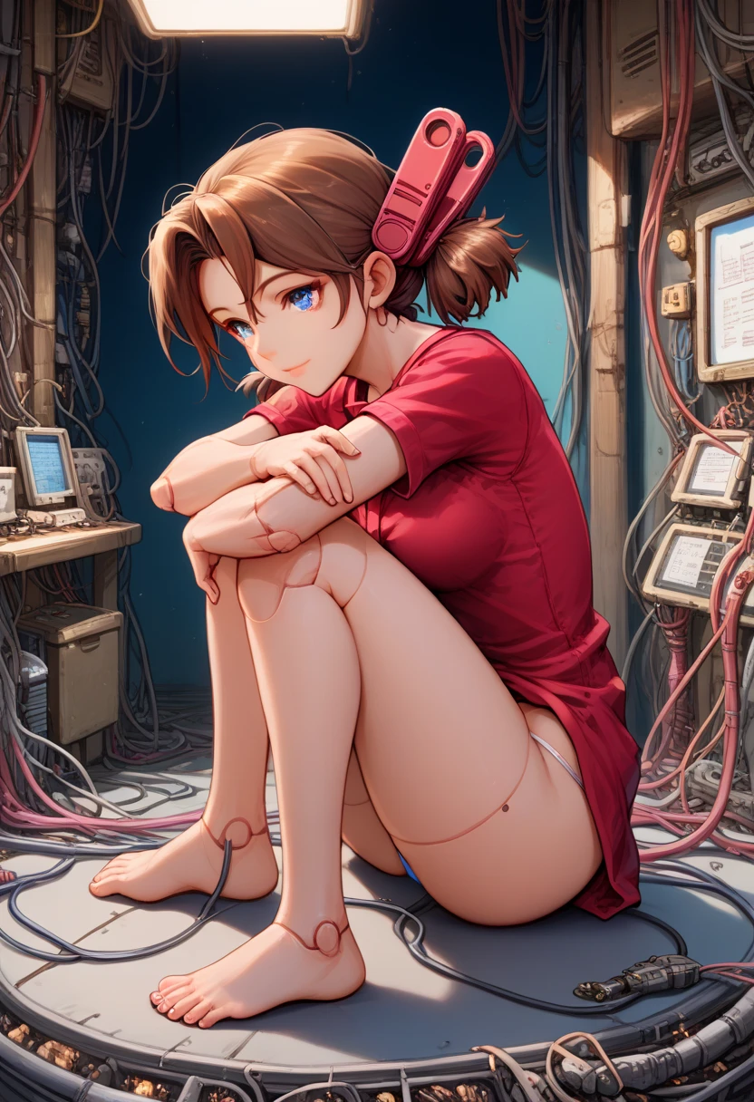 A Female robot is sleeping in a fridge, spread legs, nude, banzai pose. she wears no dress. She Brown short hair is tied with two big red clothespins, She lifts up the under hem of her white plain dress, leaning over, masterpiece, very short pigtails,brown hair, mature, android, blue eyes, full body figure, Height: 160cm, flushed cheeks, 2020s anime picture, A beautiful robot with short brown hair in two short pigtails held up by two very large huge red clothespins, Uplifting, No NSFW, whole body, barefoot, archaic smile, getting orgasm, 25 years old, sweat bucket. robot skin.