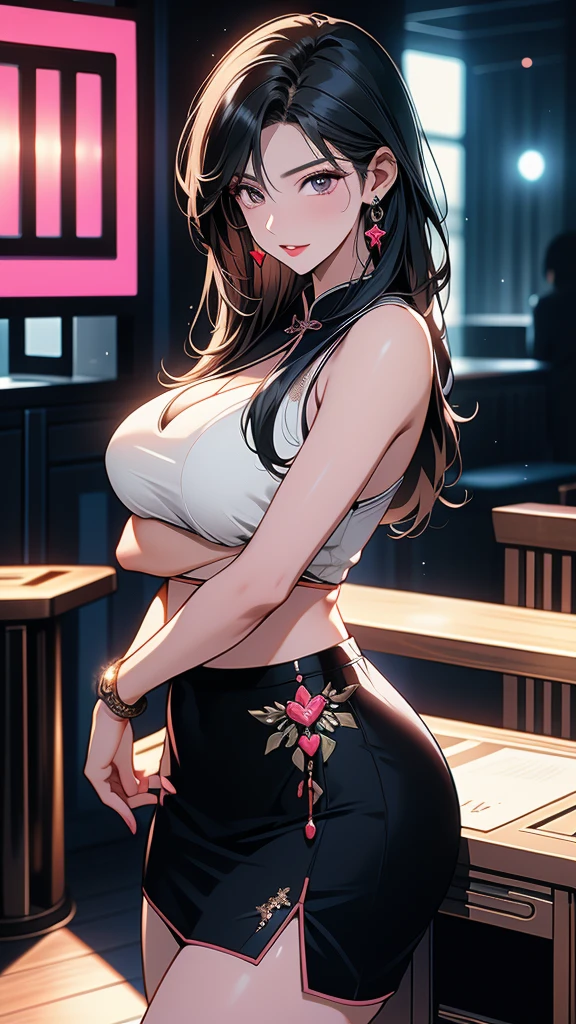 masterpiece,ultra detailed,(nipple-baring, micro skirt,sexy micro white lingerie),look at viewer,thick arms,black hair,27 years old,(tareme),(2females:1.3),curvy adult females,oval face,sweaty,(at nightclub table,danceclub,dark light:1.3),(,2females on left and right:1.3),close up,blusheed
