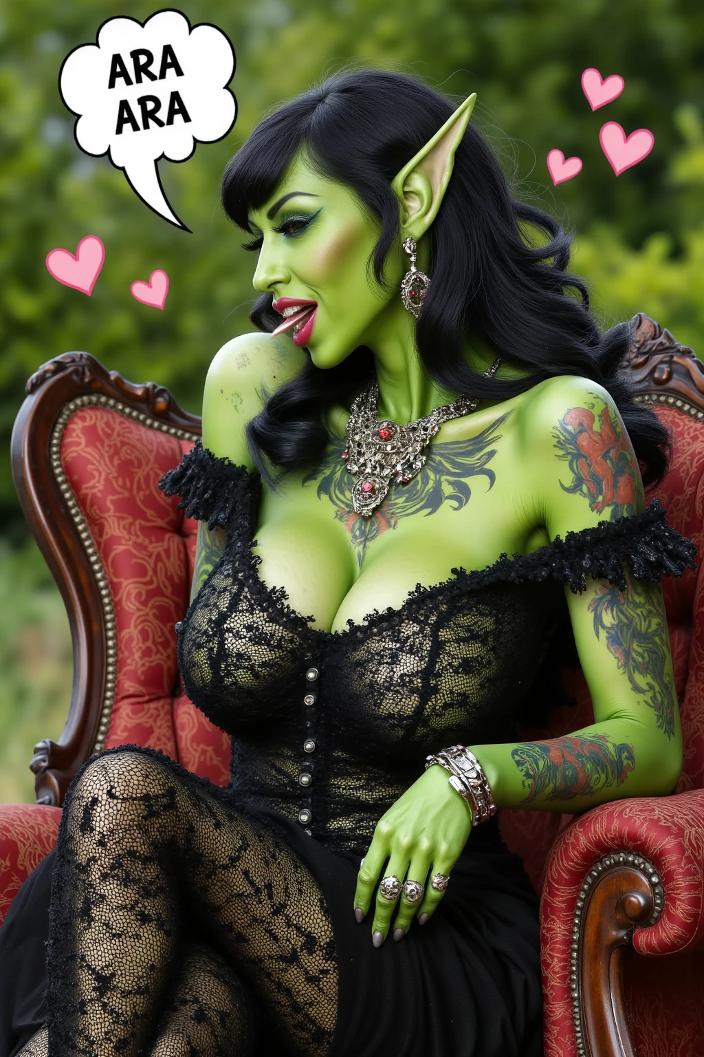 busty goblin wearing satin red dress, smiling big, big perfect teeth, big breasts, deep cleavage, green skin tone, long pointy ears, evil laugh, evil sexy eyes, biting down