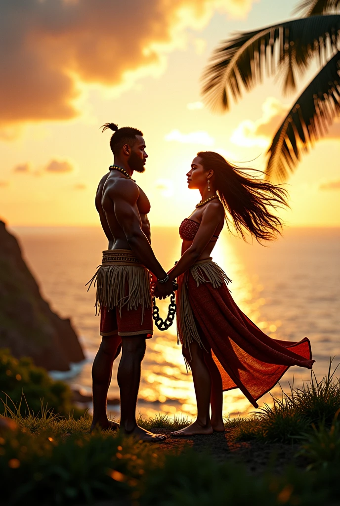 1500 Brazilian Indian looking at the sea; sunset, hugging your partner; rain falling