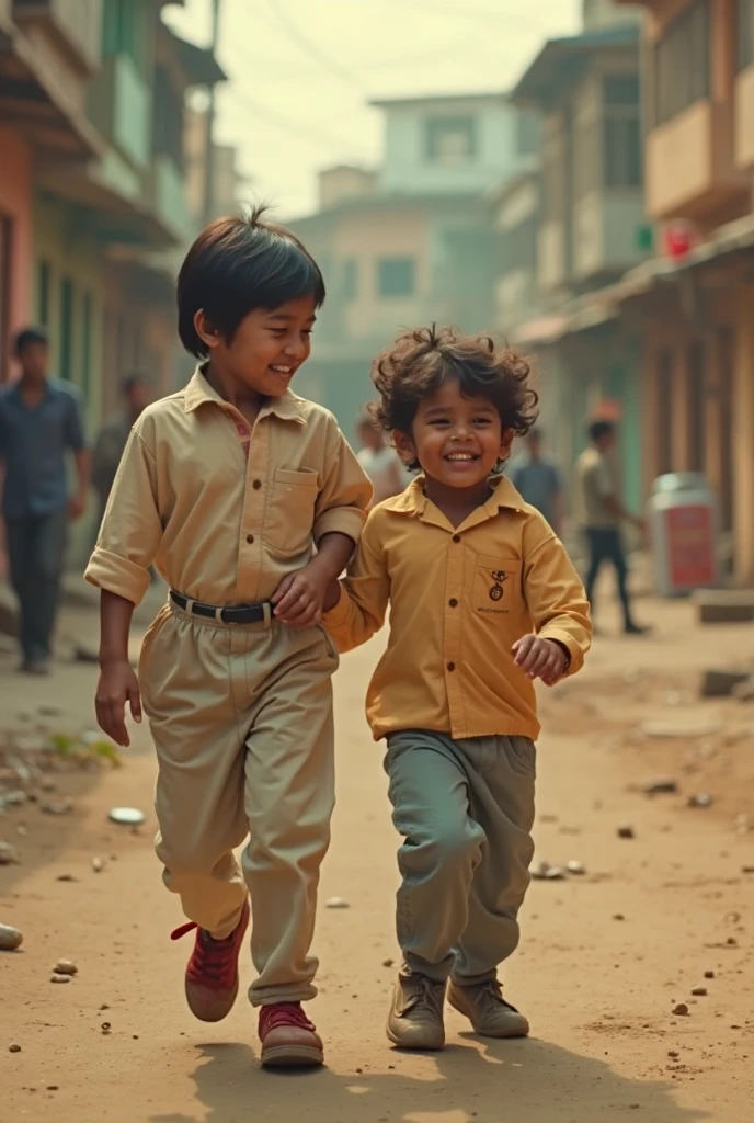 There are two boys and both are dancing and the name of one is Zeeshan and the other is Aman and the name is written on their t-shirt,and drink photo is naturally and face is adult