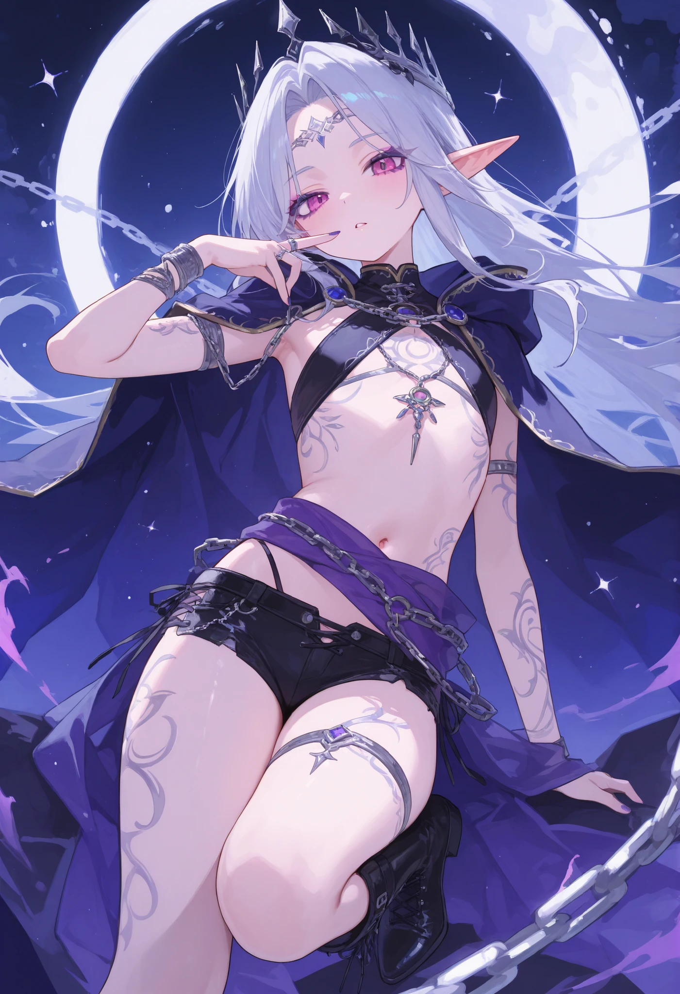 1girl, 1 female, Melusine, Fate Grand/Order anime style, ultra realistic, high detail, sexy pose, sexy, beautiful, exposed skin, slender, exposed breast, breast, exposed nipples, nipples, exposed vagina, vagina, nude, nudity, moon, stars, absurdres, high res, ultrasharp, 8K, UHD, retina, masterpiece, accurate, anatomically correct, perfect anatomy, textured skin, super detail, high details, high quality, award winning, best quality, high res, looking at viewer, detailed eyes, four fingers and one thumb per hand, perfect hands, perfect finger, two arms only, white hair, yellow eyes, full body, no clothes, revealing