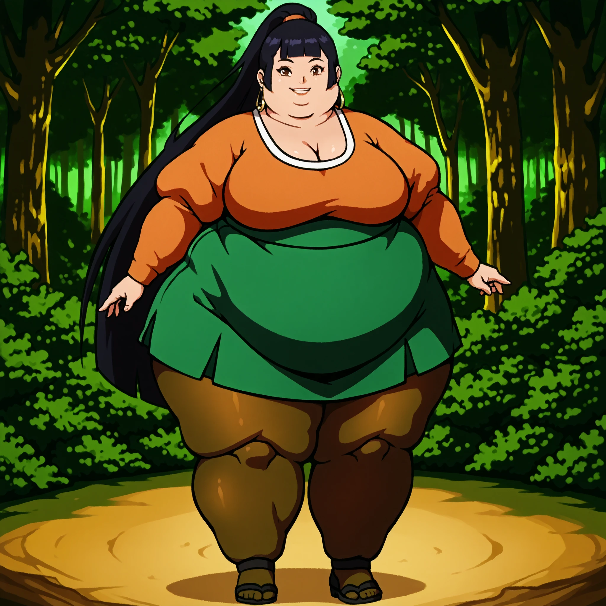 haylin, haylin, black hair, blunt bangs, ponytail, very long hair, brown eyes, hoop earrings, bottom lip, pacifica outfit, cleavage, long sleeves, pantyhose, breasts, wide hips, thick thighs, full body, 1girl, solo, solo female, score_7, score_7_up, forest background, smiling,
