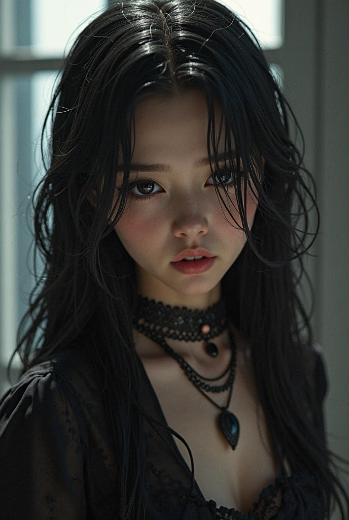 One girl, woman, Emo_Hairstyle, Black Lipstick, Big choker, eyeliner, eye shadow, mascara, Smokey Eye, Black Lips, Bedroom, Natural light, Perfect Face, Emo, Big Breasts, Black Lips, trainer, Over my shoulder, tattoo