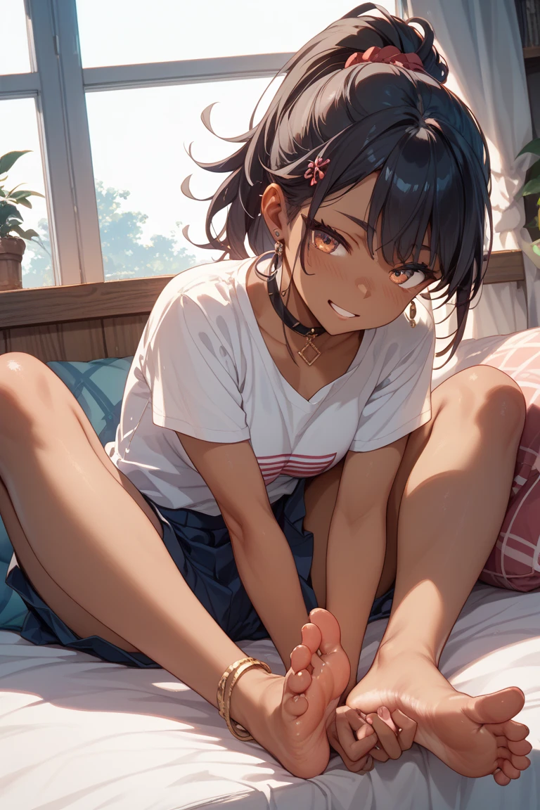 , shorth hair, pyjamas, slipper, watermelon earrings, on the bed, flat hair, watermelon necklace, painted nails, ankle bracelet,