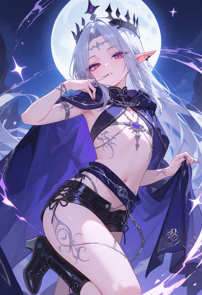 score_9, score_8_up, score_7_up, score_6_up, score_5_up, score_4_up, BREAK ,cowboy shot,1girl,solo,source_anime,anime screencap,
1girl, solo, long hair, breasts, looking at viewer, thighhighs, night sky background,navel, cleavage, jewelry, medium breasts, sitting, purple eyes, purple hair, earrings, horns, pointy ears, bottomless, painted nails