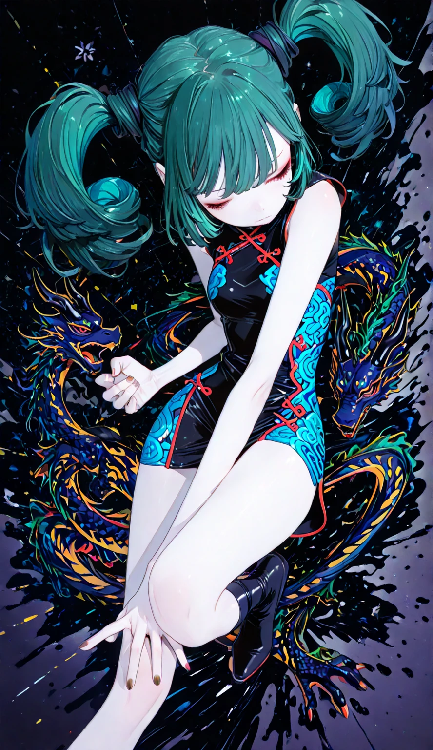 (Highest quality),(Realistic:1.36), (Realistic), Very detailed, One Girl, Flat Chest,Very short stature,Very small ass,Very thin limbs,(((Deep blue eyes), (Bright green hair, short hair, amount, Small pigtails), (Red-rimmed round glasses))), Up to the pussy、Front lighting,White panties,
