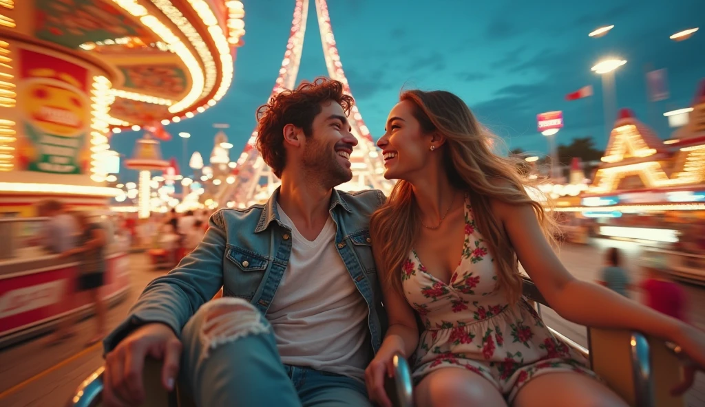 drawing, dramatic, 1boy and 1 girl, close each other, 21 years old perfect body, standing, denim, (Beach boardwalk, Amusement park, Ferris wheel, Carousel, Arcade, Rollercoaster)  <lora:add_detail:1>
