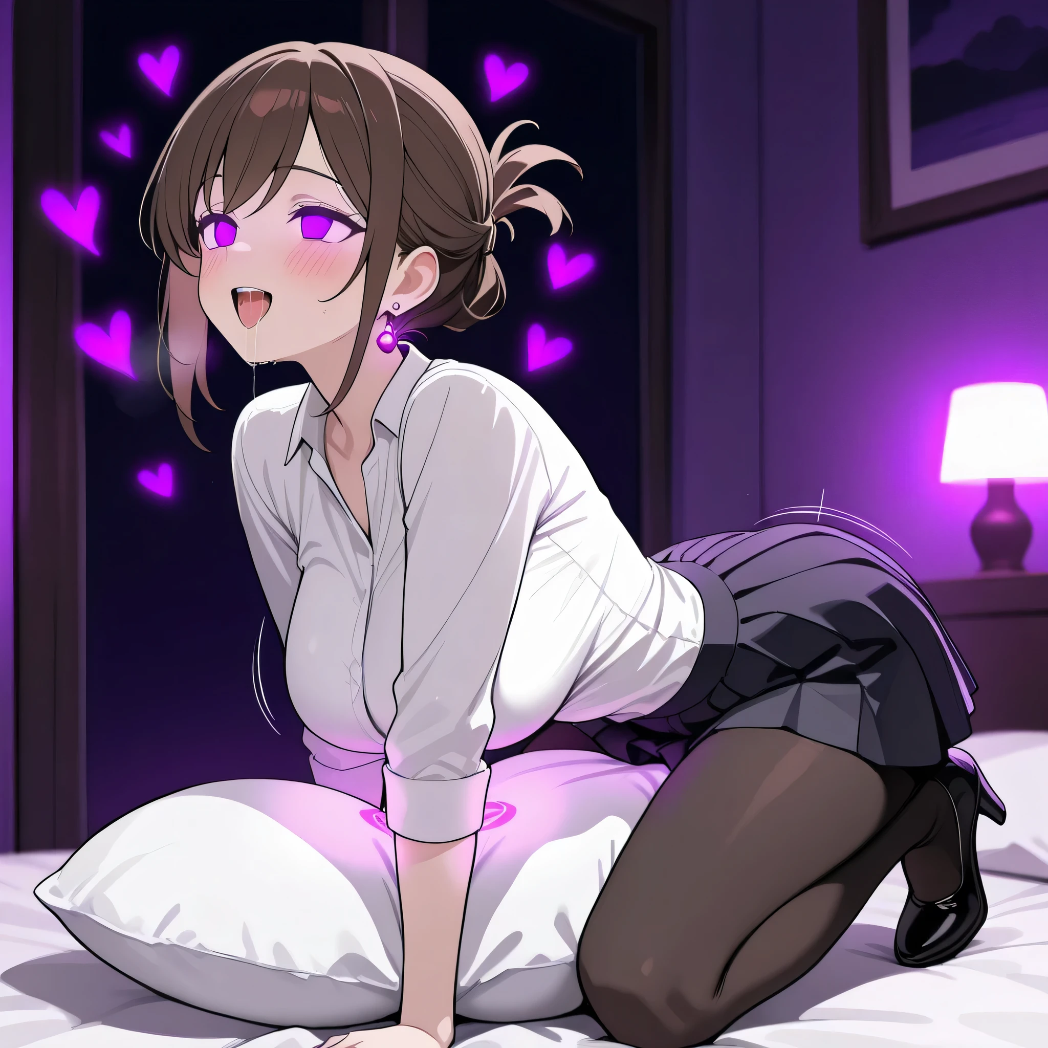 score_9, score_8_up, score_7_up, 1girl, sole female, only female, (top quality, 8k), high resolution, smooth, best quality, highly detailed, bedroom at night, in bed, purple light, (dark room), large breasts, glowing hypnotic waves in the background, at night, masterpiece, high quality, absurd resolution, blush, happy, glowing purple eyes, empty eyes, orgasm face, humping pillow, orgasm, v_arms, white blouse, taut clothing, boob tent, seethru silhouette, black pleated skirt, black pantyhose, high heels, breast focus, jewelry, earrings, kanakojixl, brown hair, short hair, folded ponytail, very thin legs, long legs, black pantyhose, saliva trail, drooling, a lot of saliva, humping pillow, pillow between legs, motion lines, girl on top of pillow, cowgirl position, glowing hearts, hands on bed, all fours
